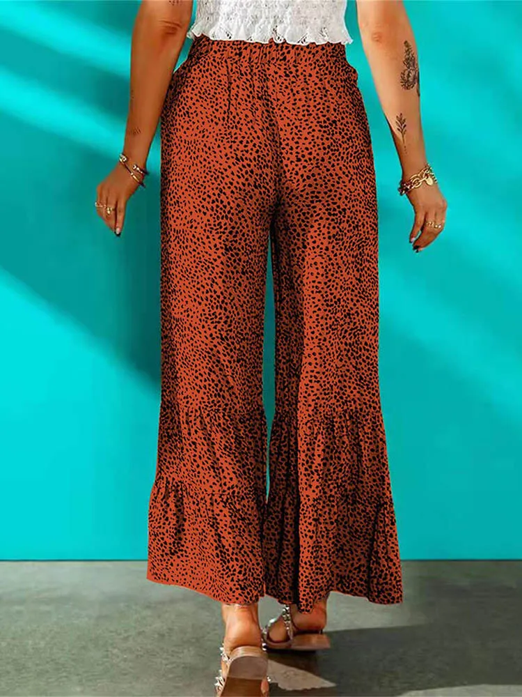 High Waist Leopard Print Ruffle Long Pants