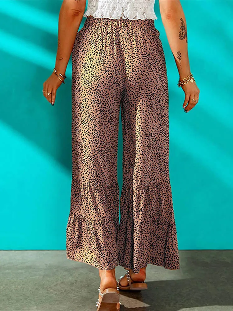 High Waist Leopard Print Ruffle Long Pants