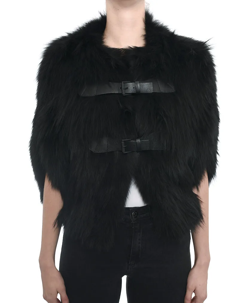 J. Mendel Black Fur Cape Jacket with Leather Buckles