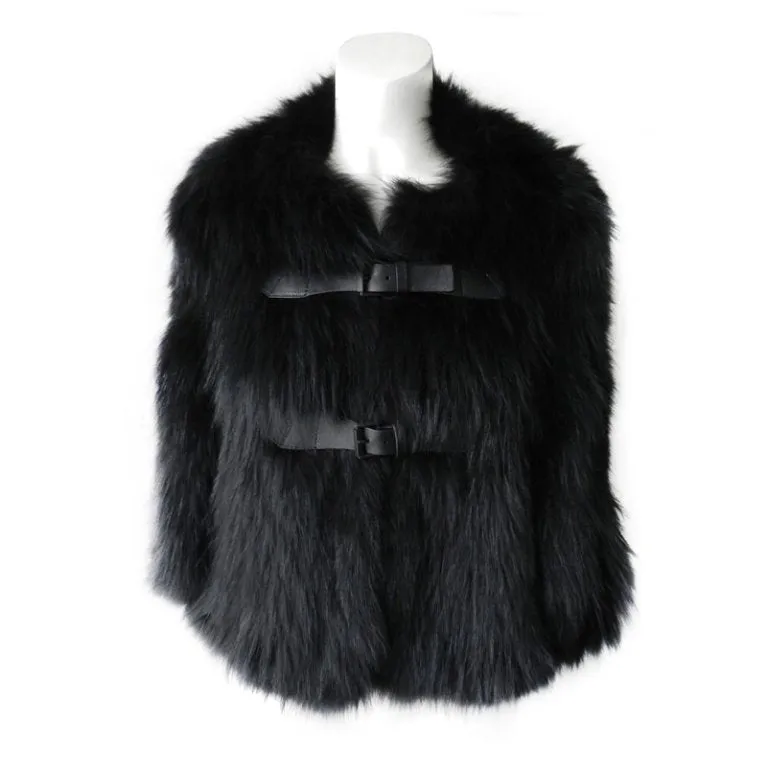 J. Mendel Black Fur Cape Jacket with Leather Buckles