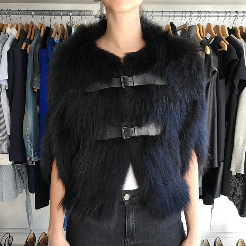 J. Mendel Black Fur Cape Jacket with Leather Buckles
