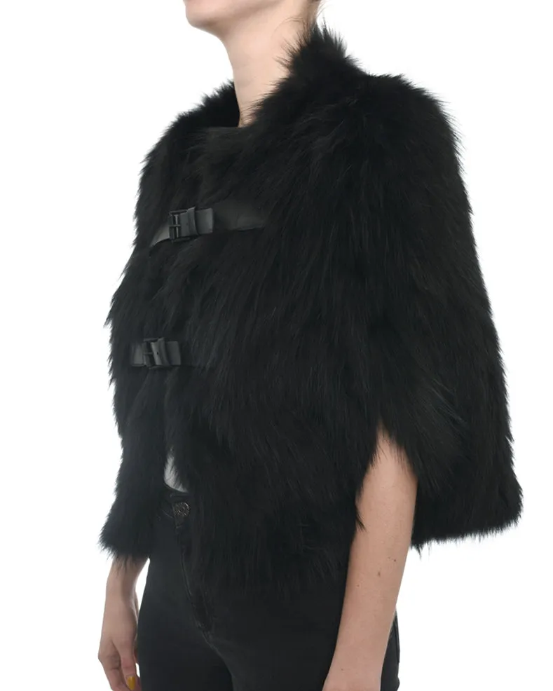J. Mendel Black Fur Cape Jacket with Leather Buckles