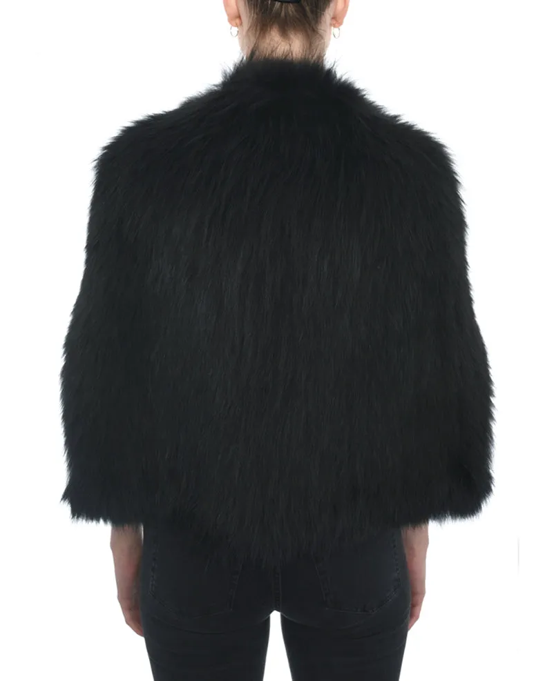J. Mendel Black Fur Cape Jacket with Leather Buckles