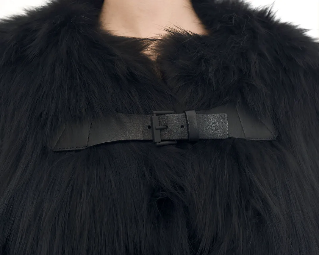 J. Mendel Black Fur Cape Jacket with Leather Buckles