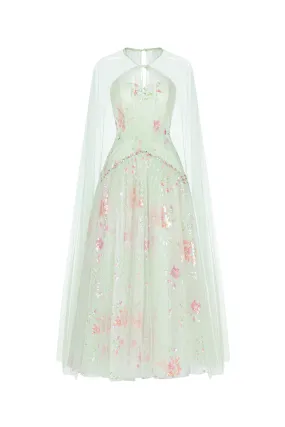 Jarfin A-line Cape Shoulder Tulle Midi Dress