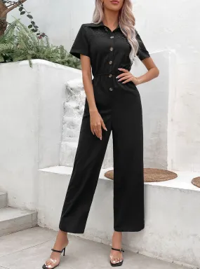 Lapel Solid Color Straight Jumpsuit