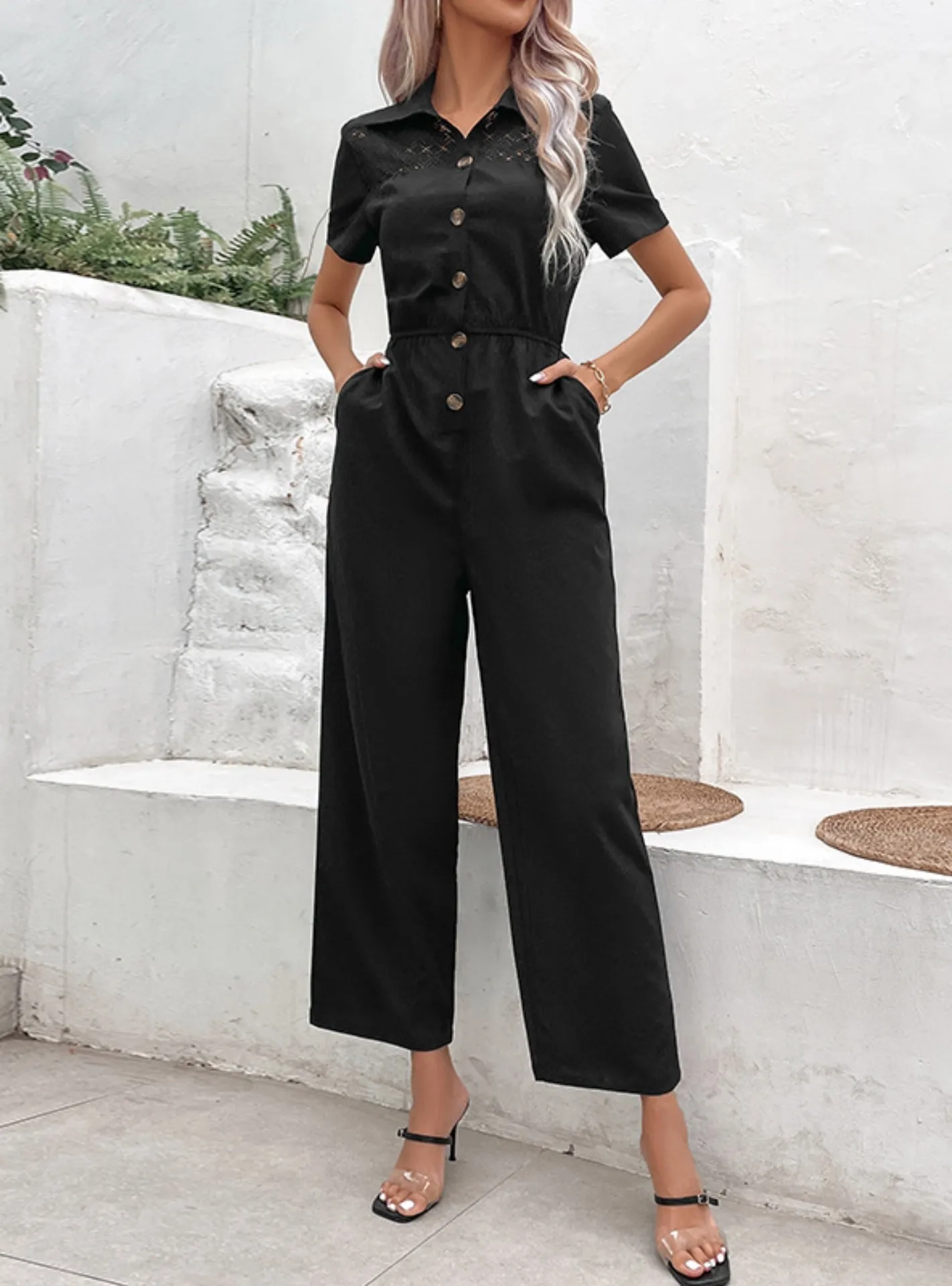 Lapel Solid Color Straight Jumpsuit