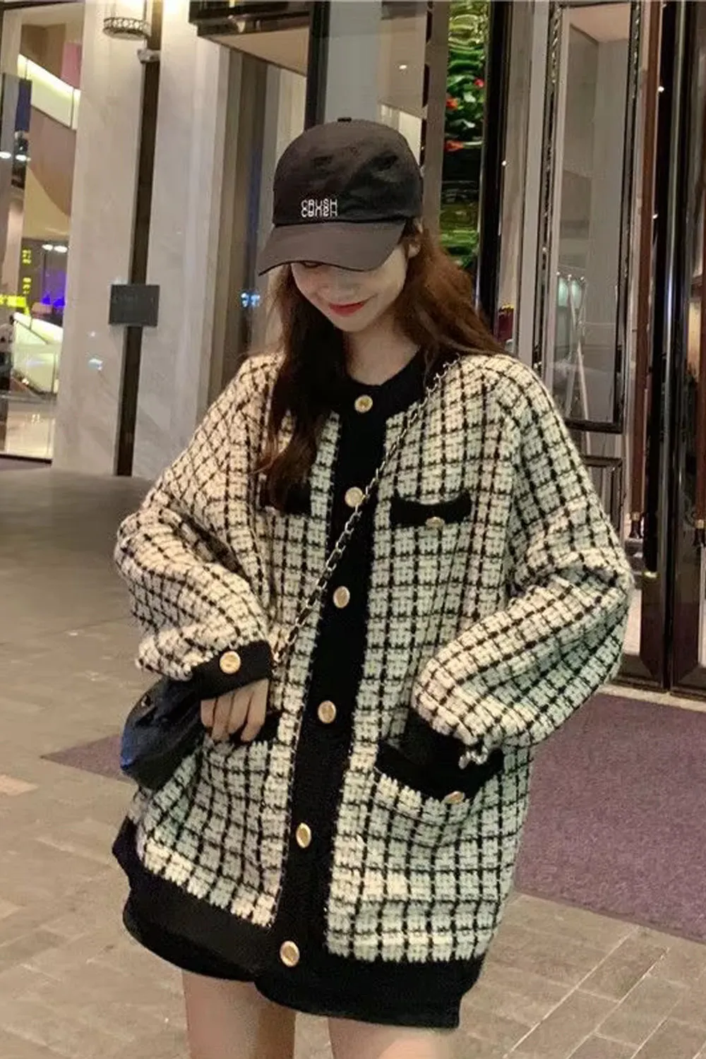 Long Sleeve Retro Plaid Knitted Cardigan Sweater