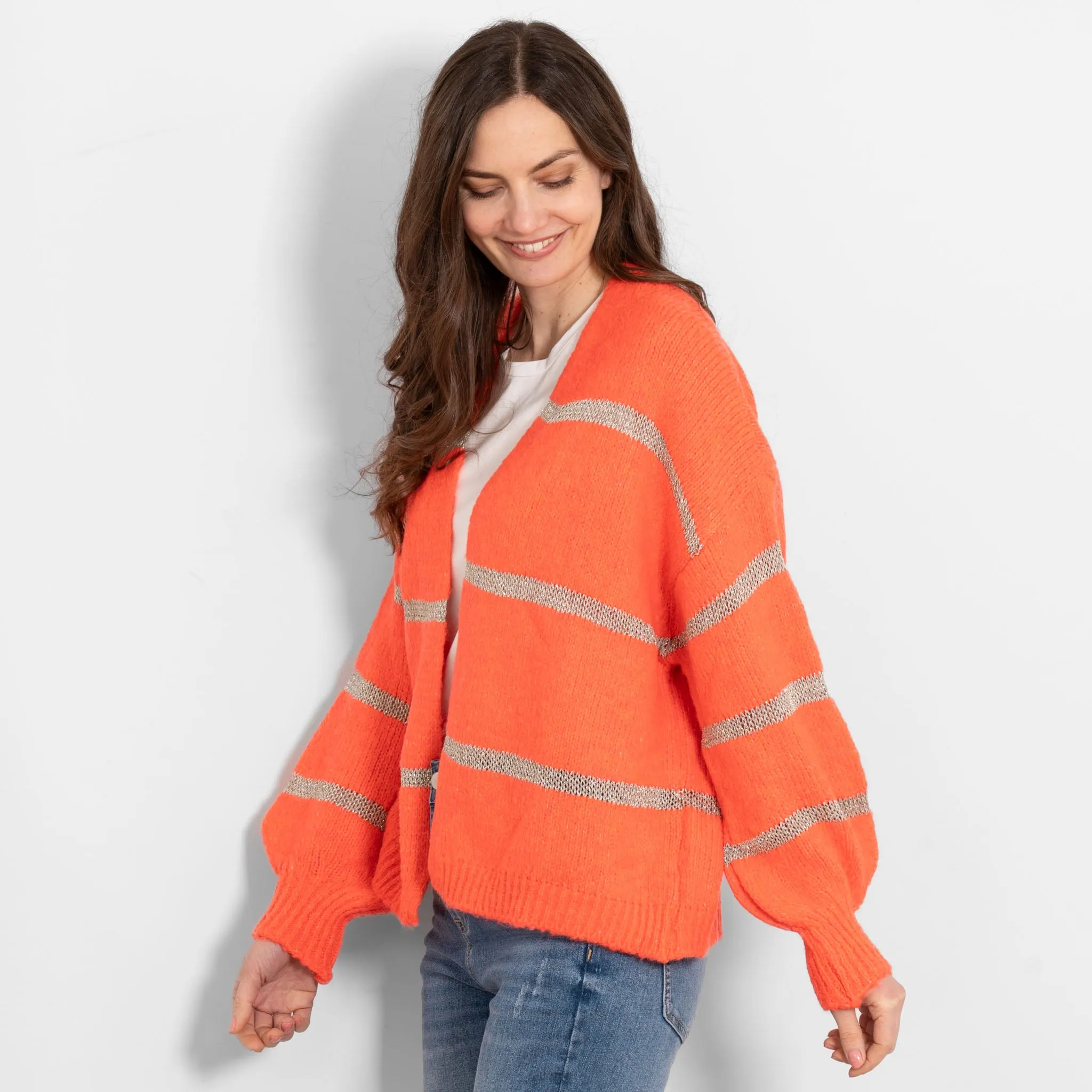 Lucy Wool Blend Cardigan - Coral, Gold/Striped