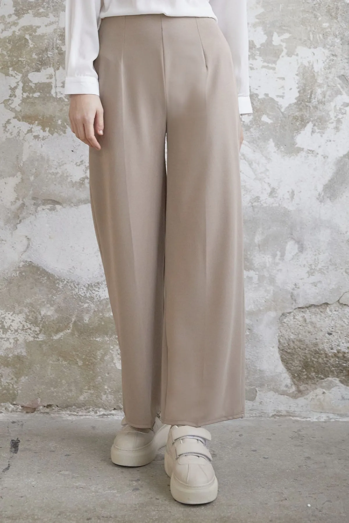 MDS Women Wide Leg High Waist Elastic Waist Pants - Stone - Nikopol