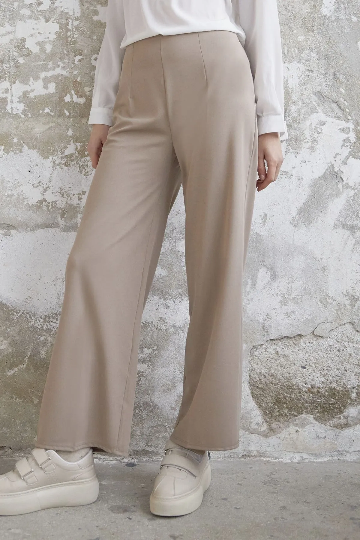 MDS Women Wide Leg High Waist Elastic Waist Pants - Stone - Nikopol