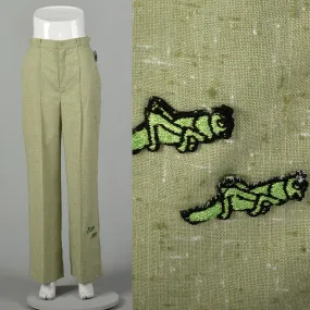 Medium 1970s Pants Green Grasshopper Applique Wide Leg High Waist
