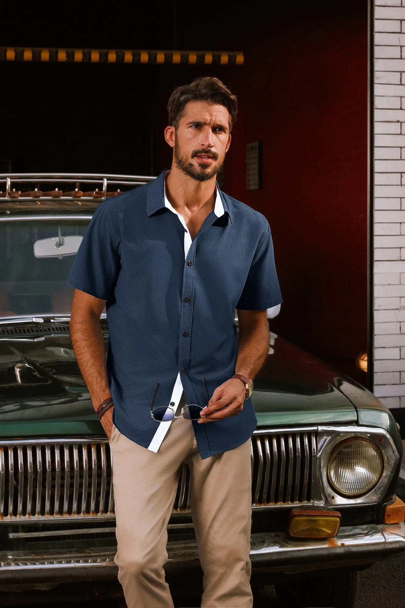 Men Basic Shirt Casual Short Sleeve Classic Collar Curved Hem Shirt Tops