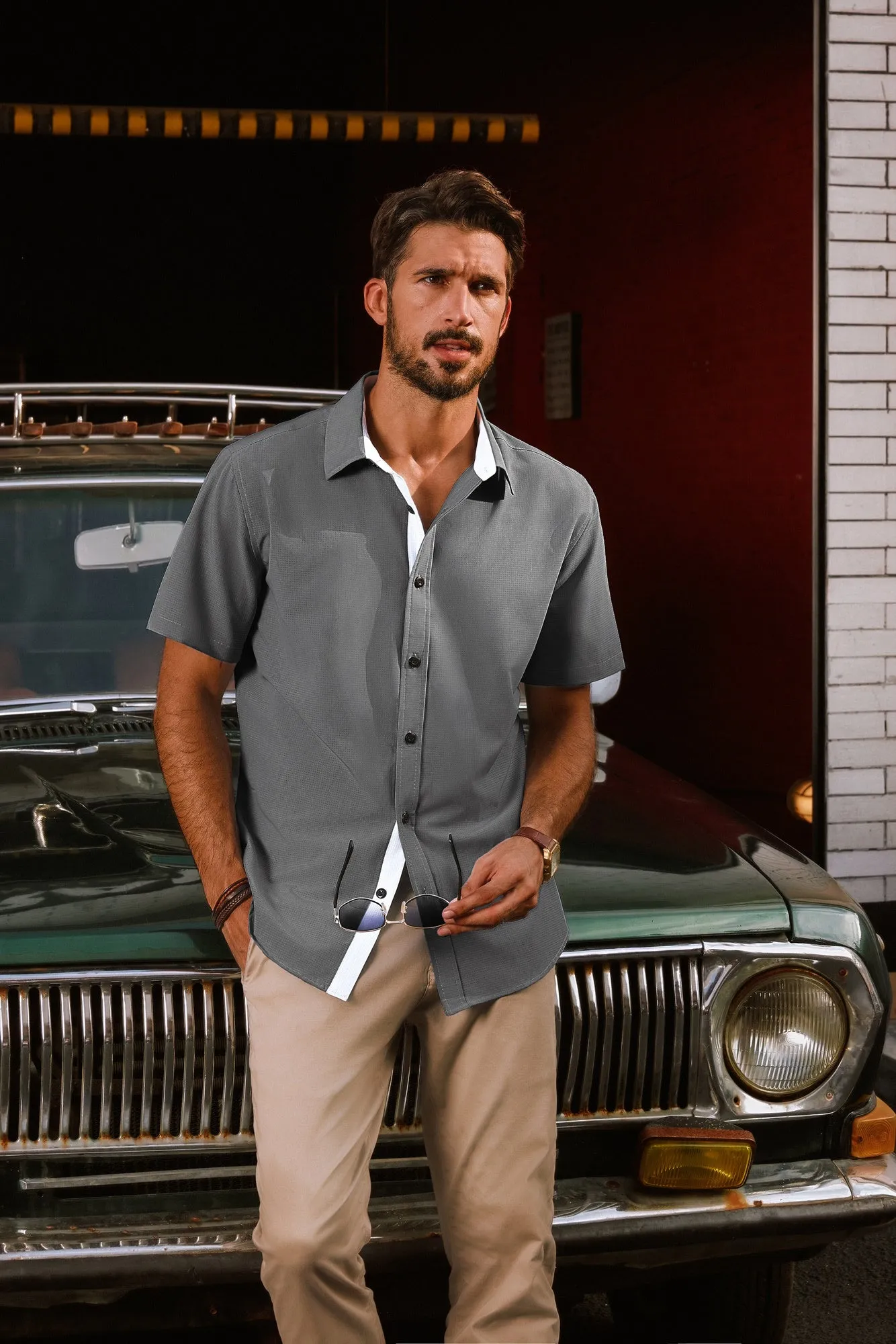 Men Basic Shirt Casual Short Sleeve Classic Collar Curved Hem Shirt Tops