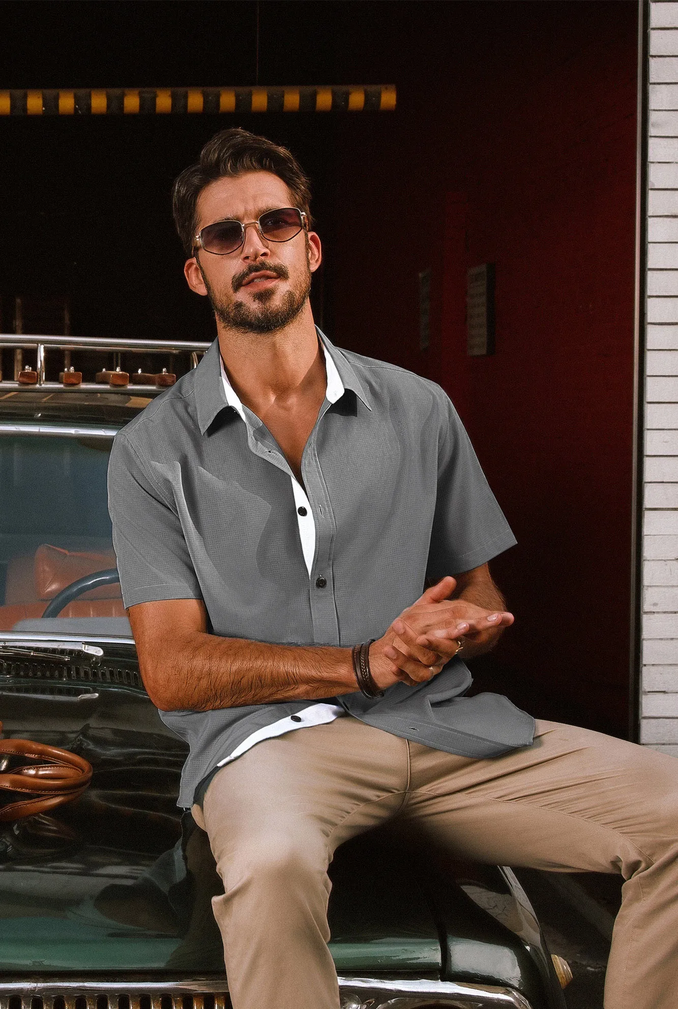Men Basic Shirt Casual Short Sleeve Classic Collar Curved Hem Shirt Tops