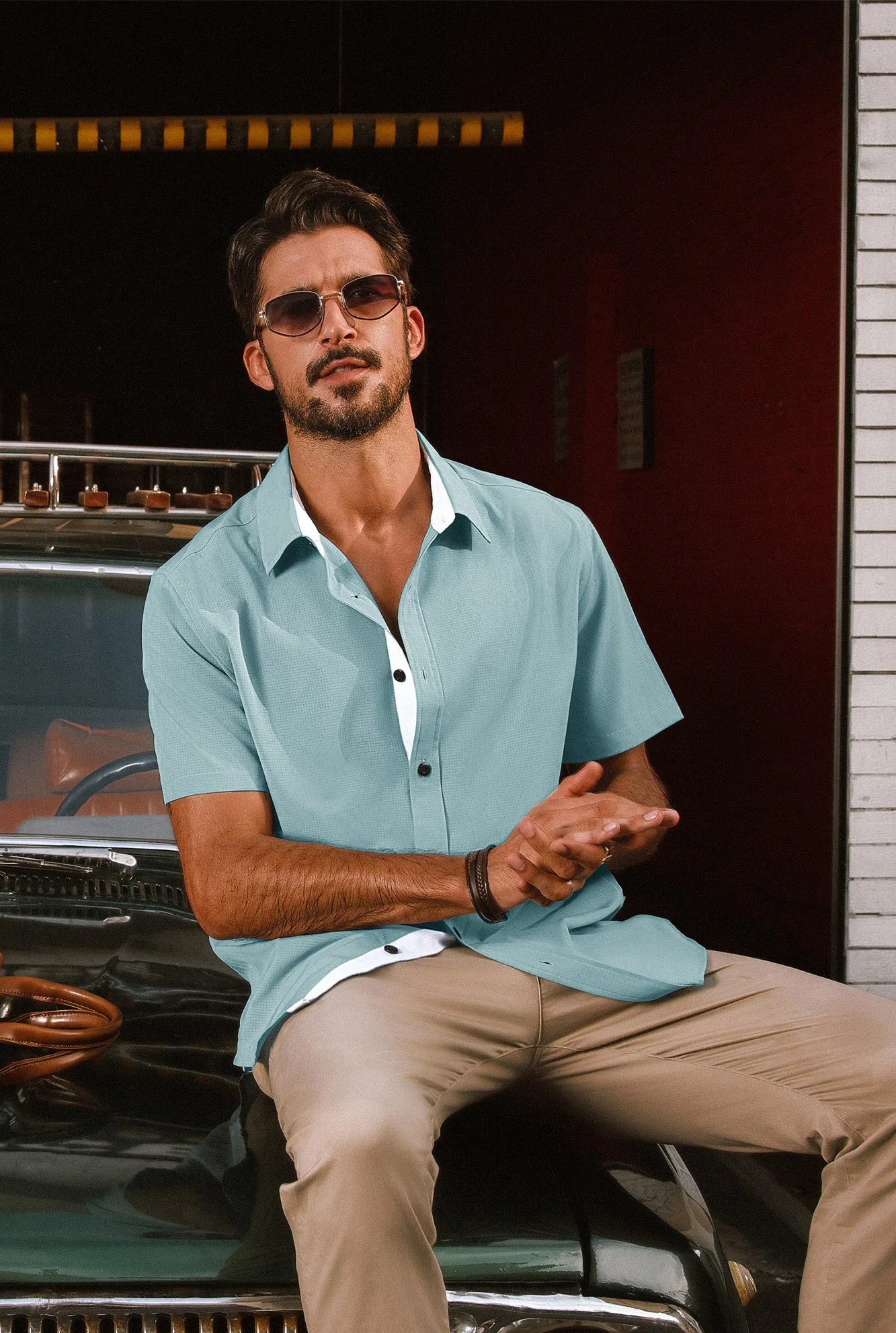 Men Basic Shirt Casual Short Sleeve Classic Collar Curved Hem Shirt Tops
