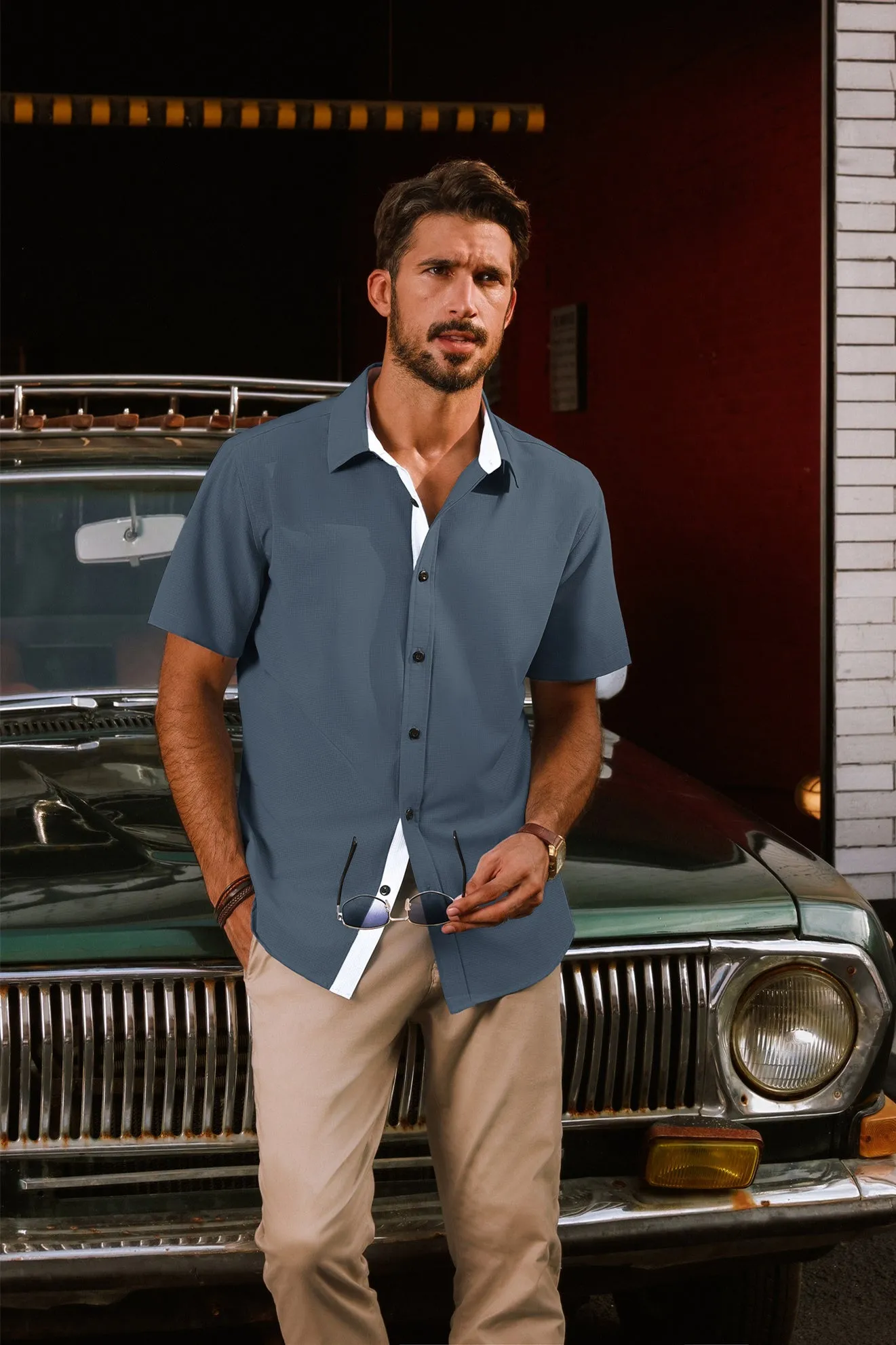 Men Basic Shirt Casual Short Sleeve Classic Collar Curved Hem Shirt Tops