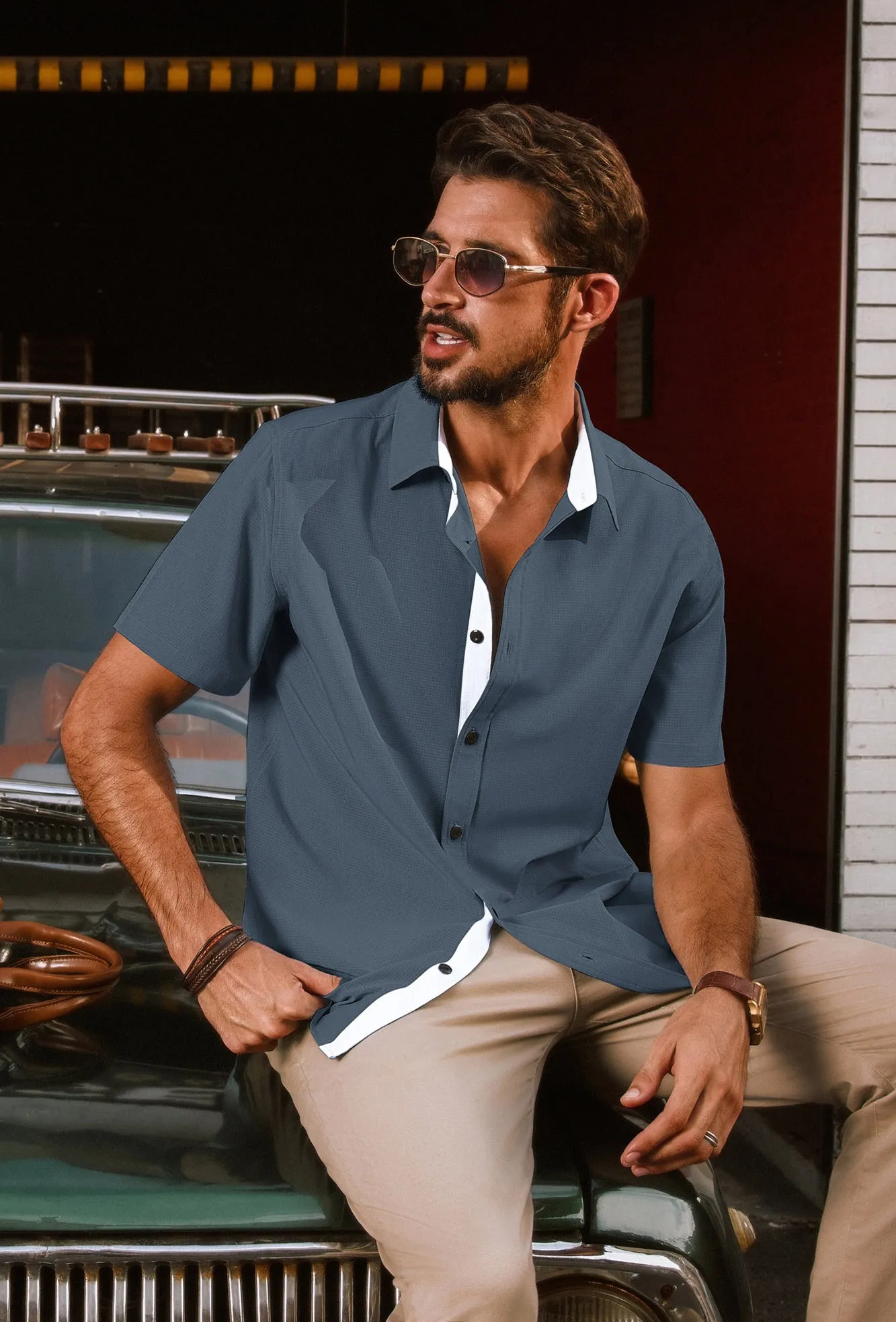 Men Basic Shirt Casual Short Sleeve Classic Collar Curved Hem Shirt Tops
