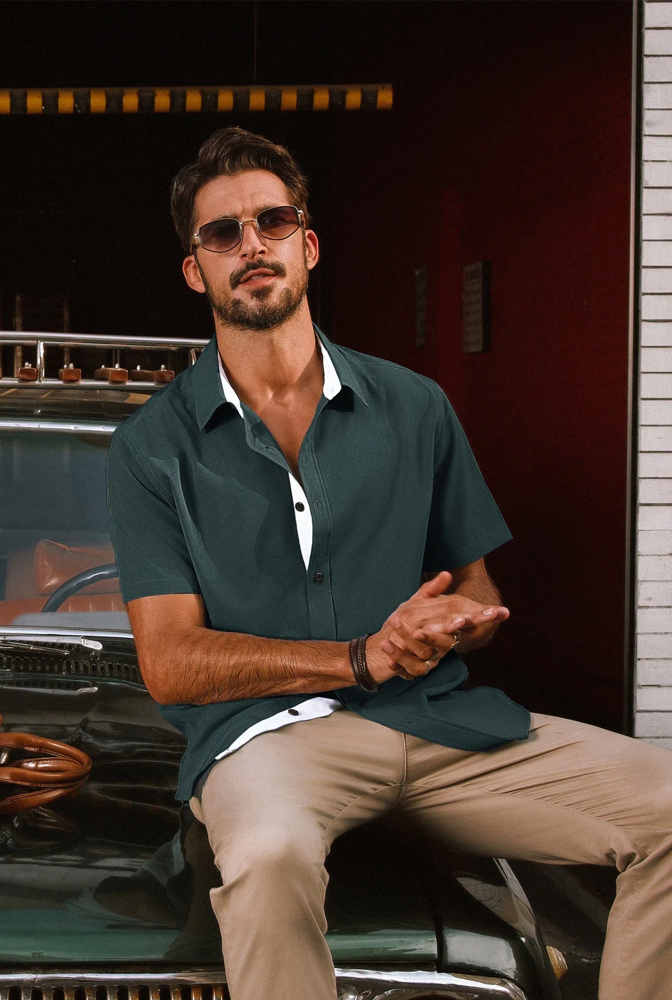Men Basic Shirt Casual Short Sleeve Classic Collar Curved Hem Shirt Tops