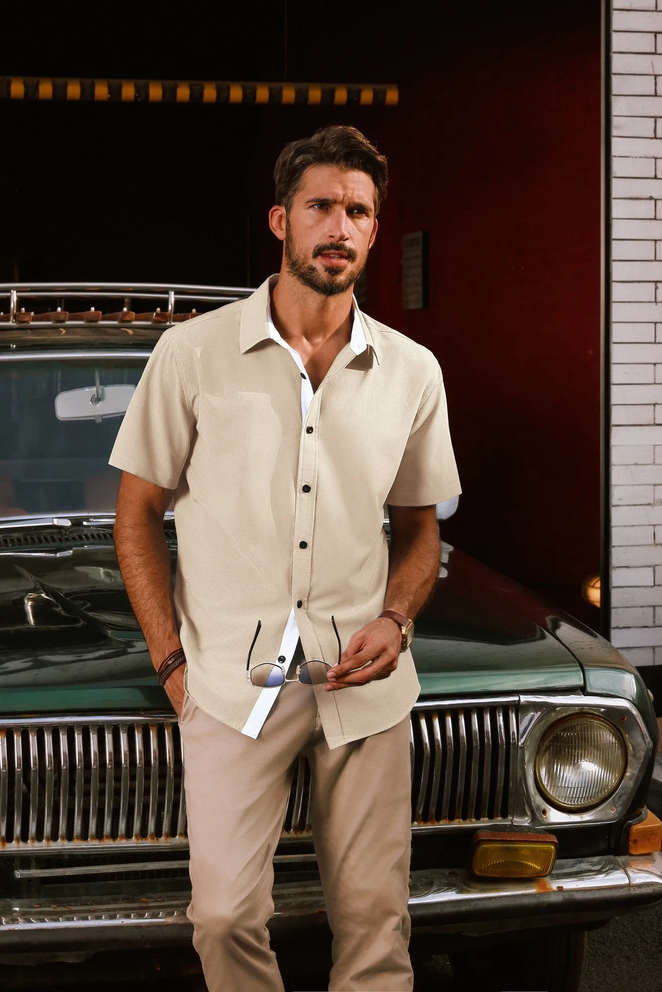 Men Basic Shirt Casual Short Sleeve Classic Collar Curved Hem Shirt Tops
