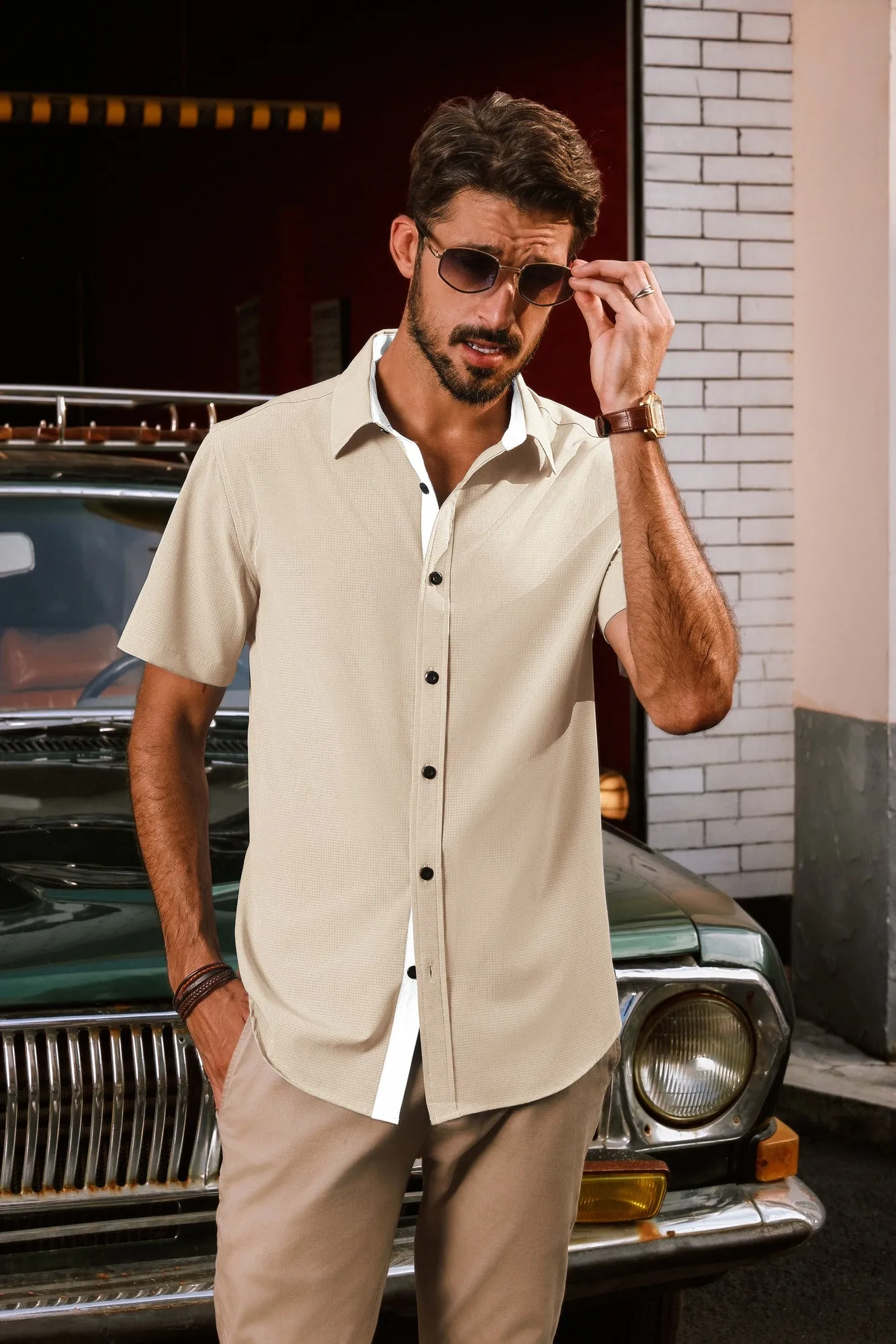 Men Basic Shirt Casual Short Sleeve Classic Collar Curved Hem Shirt Tops