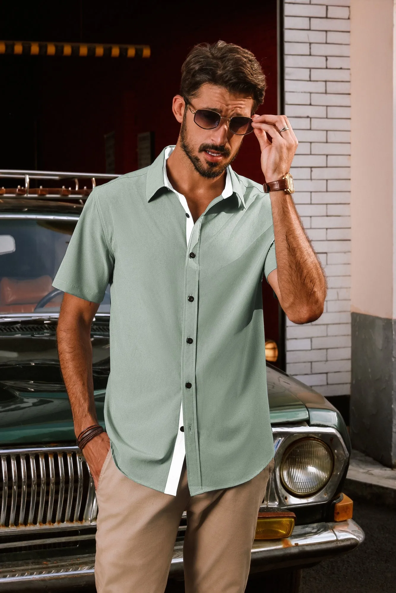 Men Basic Shirt Casual Short Sleeve Classic Collar Curved Hem Shirt Tops