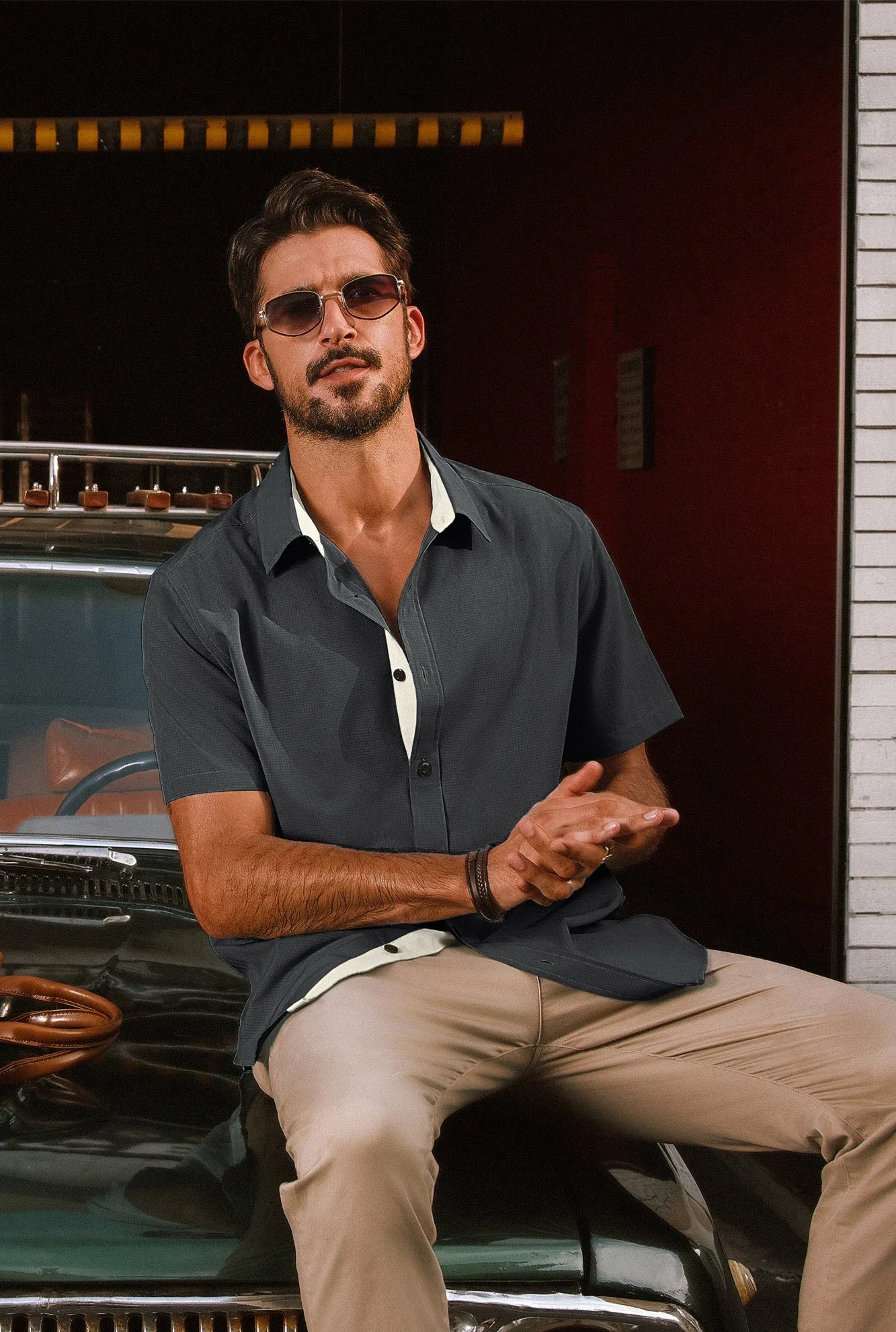 Men Basic Shirt Casual Short Sleeve Classic Collar Curved Hem Shirt Tops