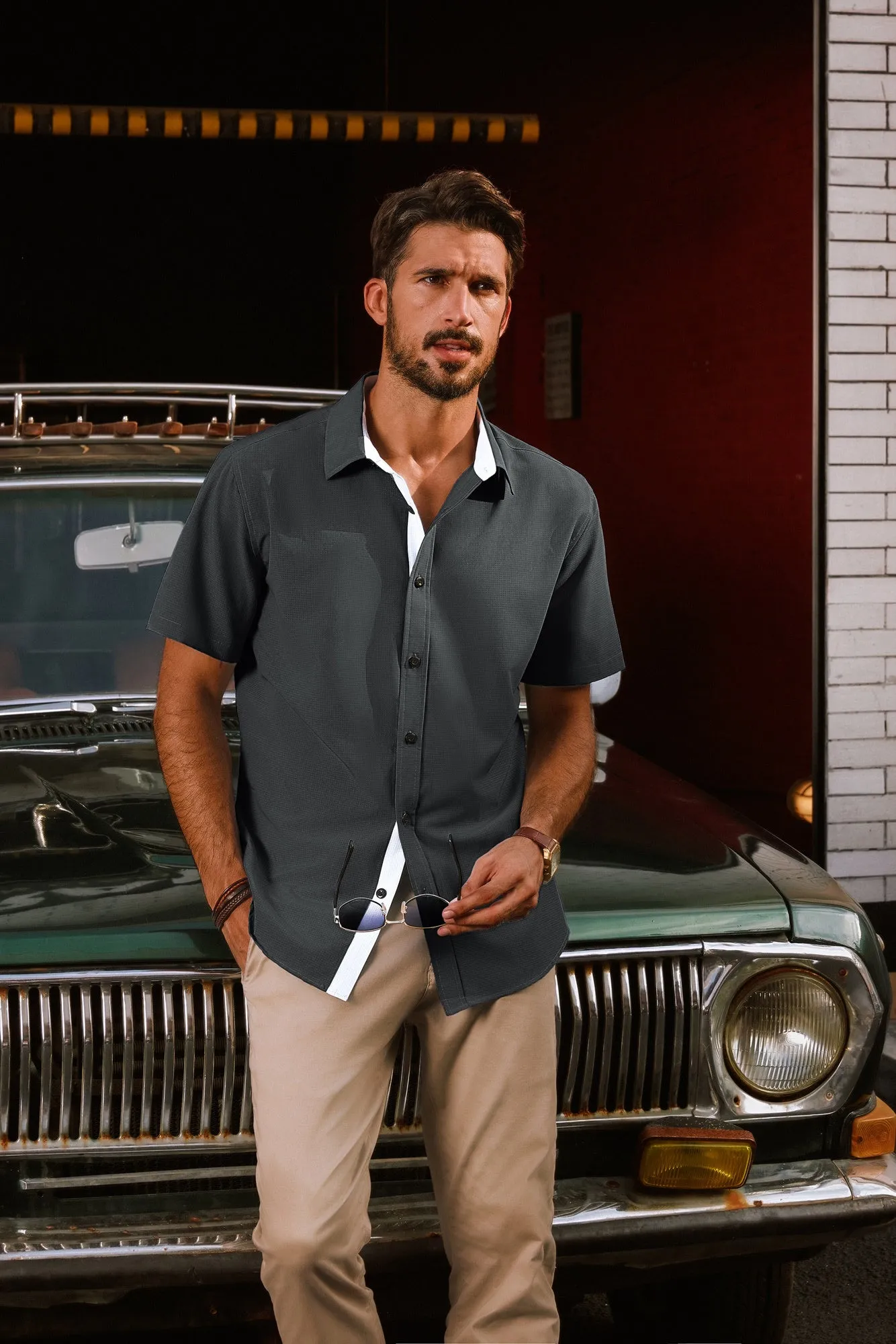 Men Basic Shirt Casual Short Sleeve Classic Collar Curved Hem Shirt Tops