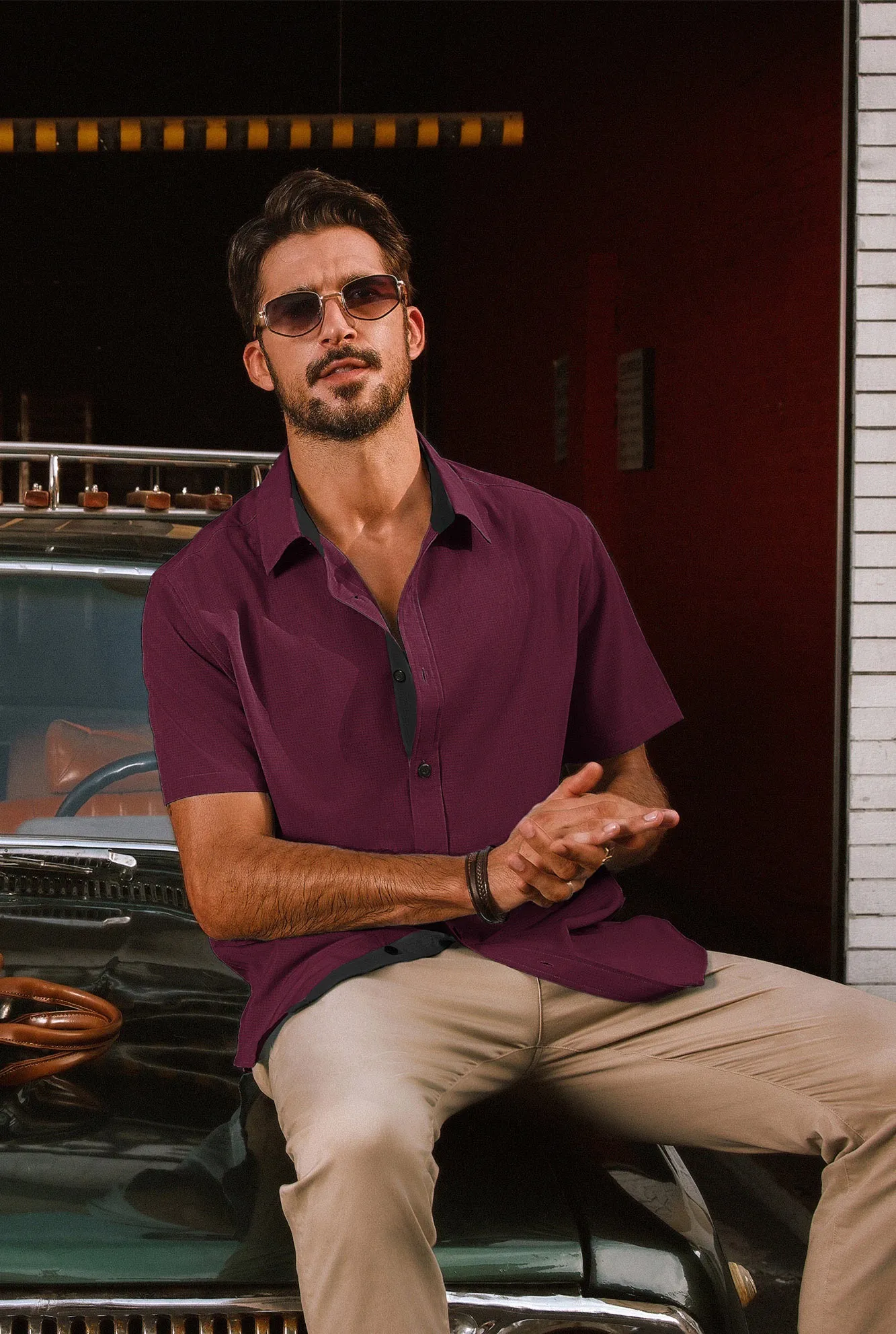 Men Basic Shirt Casual Short Sleeve Classic Collar Curved Hem Shirt Tops