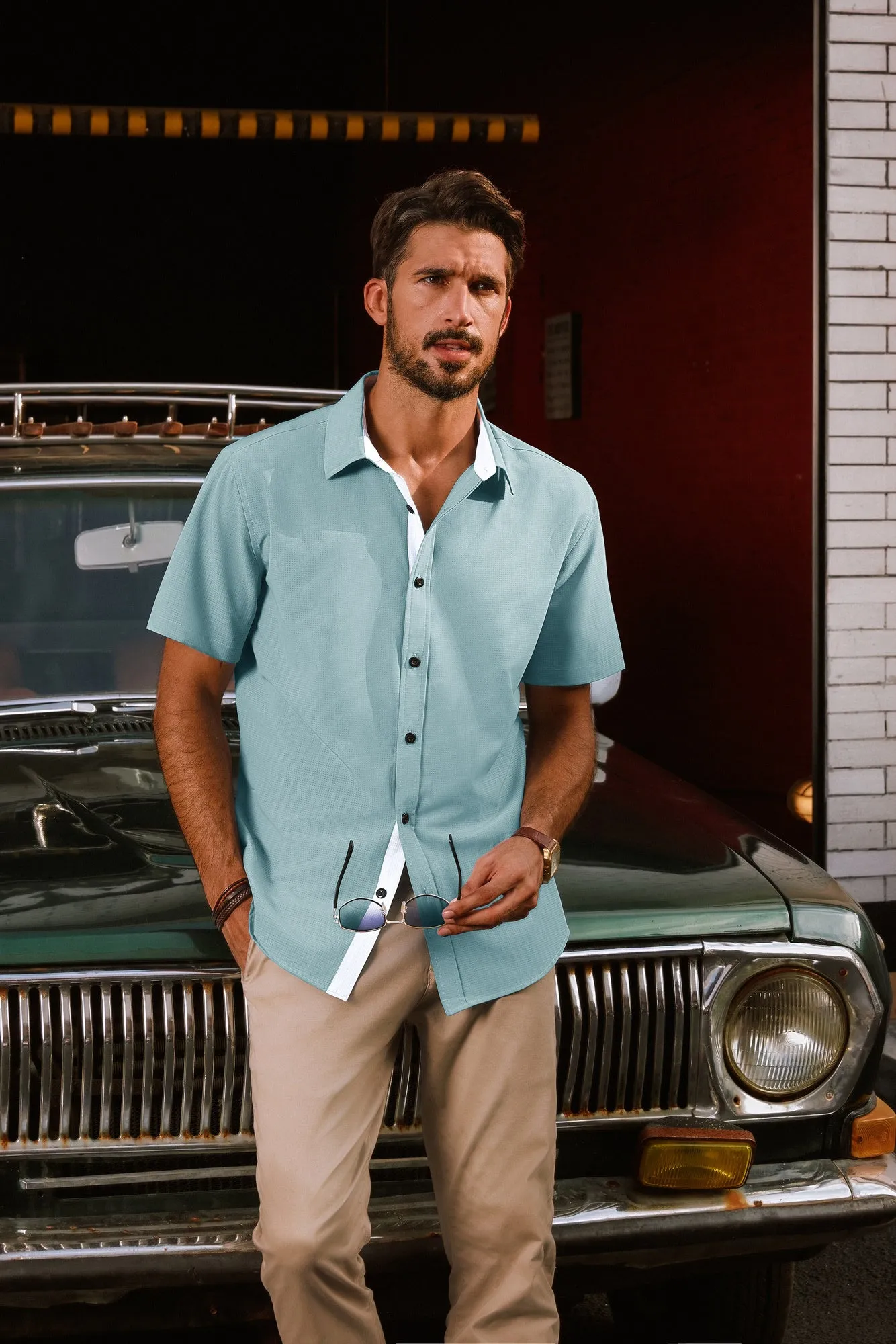 Men Basic Shirt Casual Short Sleeve Classic Collar Curved Hem Shirt Tops