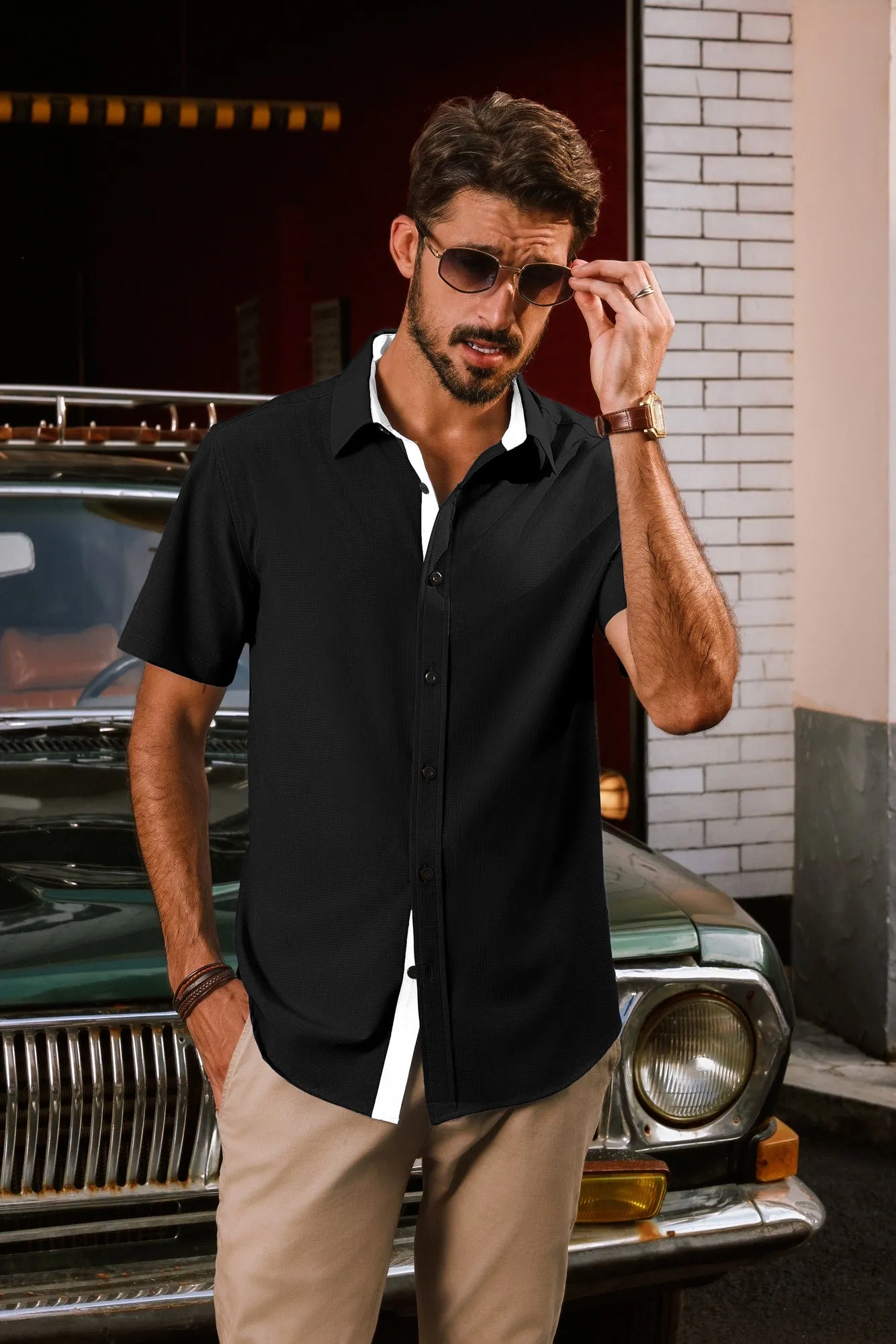 Men Basic Shirt Casual Short Sleeve Classic Collar Curved Hem Shirt Tops