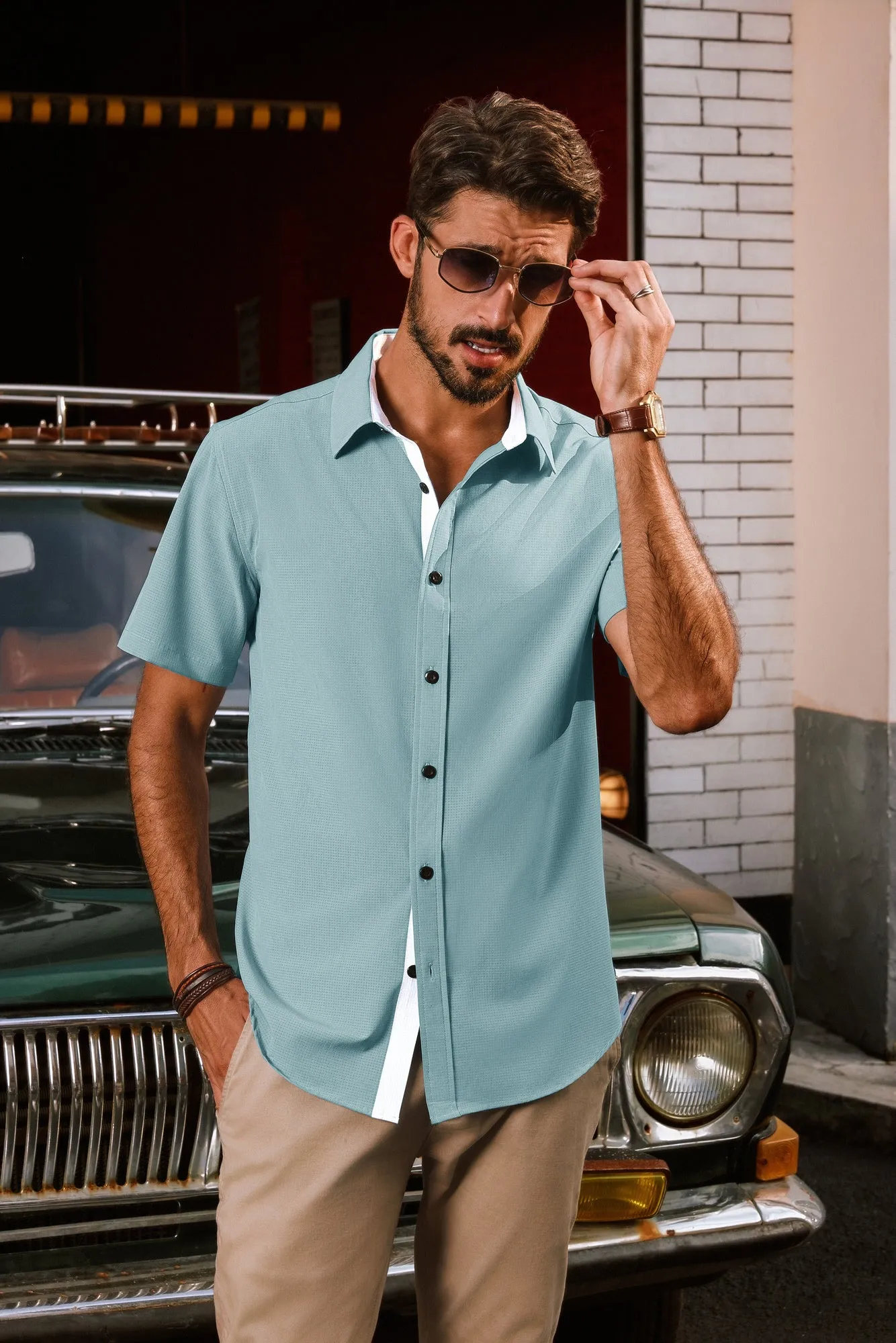Men Basic Shirt Casual Short Sleeve Classic Collar Curved Hem Shirt Tops
