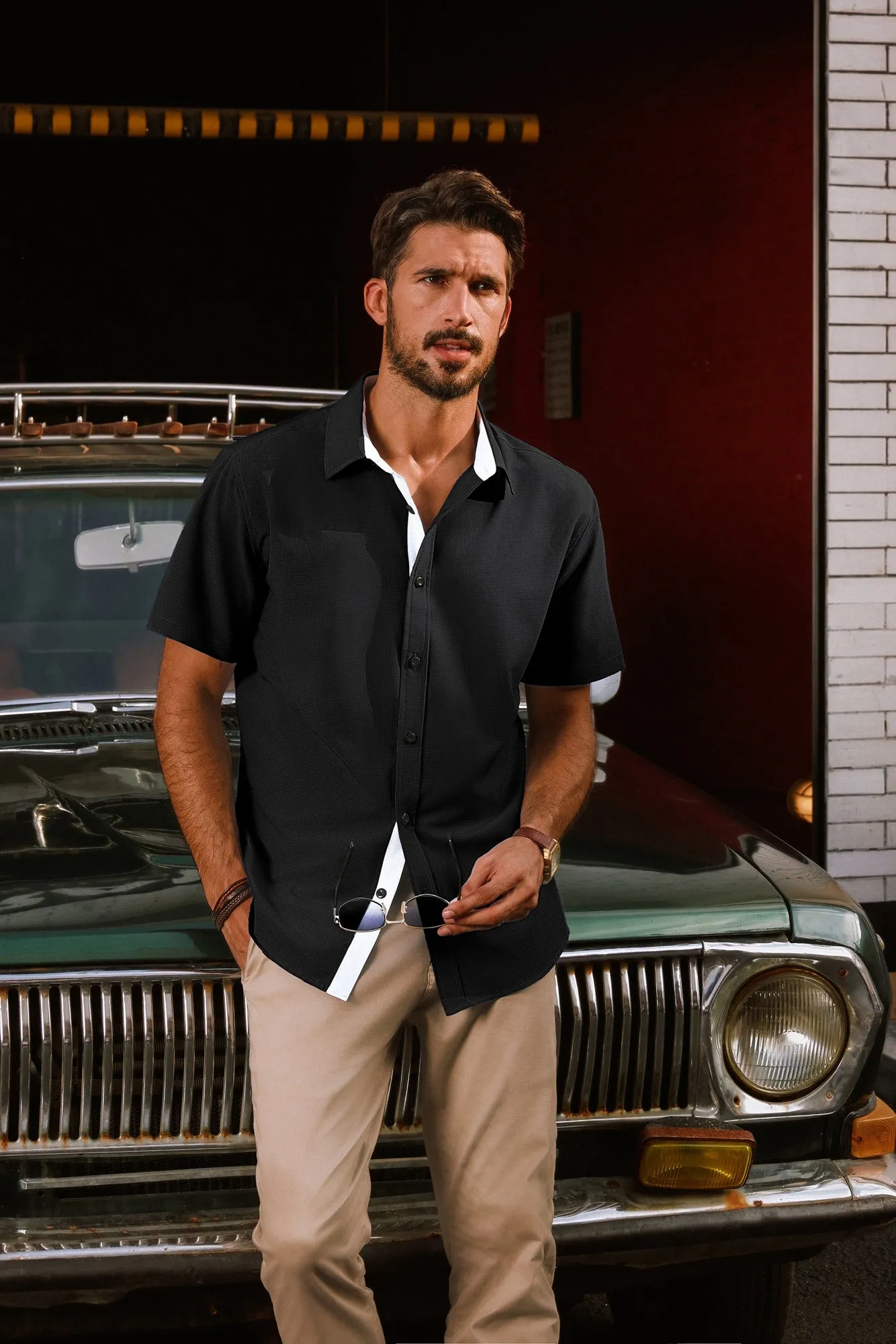 Men Basic Shirt Casual Short Sleeve Classic Collar Curved Hem Shirt Tops