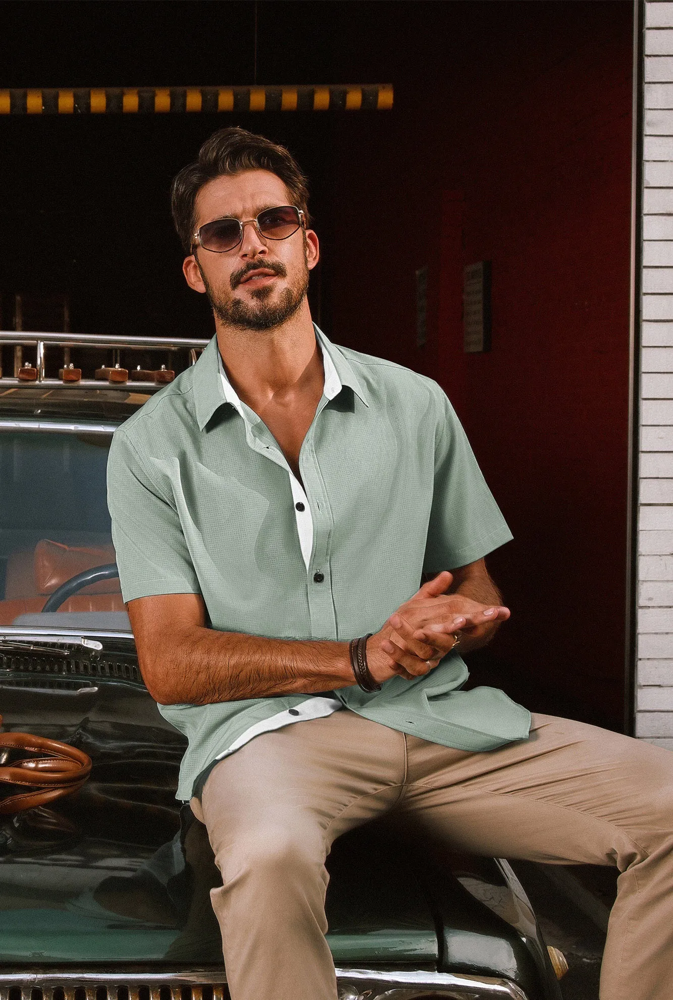 Men Basic Shirt Casual Short Sleeve Classic Collar Curved Hem Shirt Tops