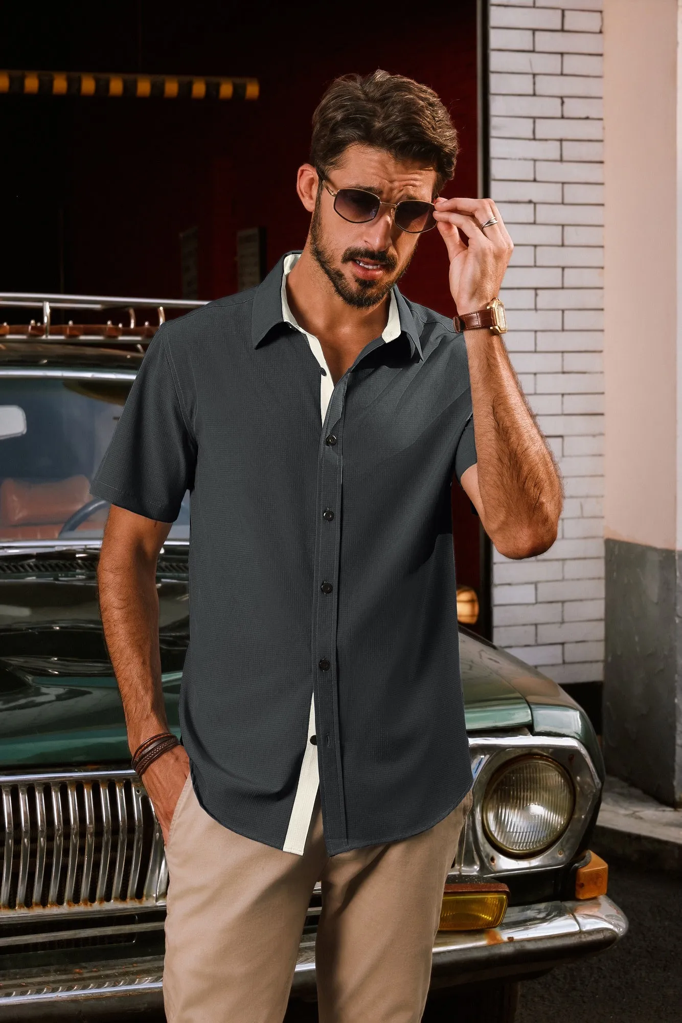 Men Basic Shirt Casual Short Sleeve Classic Collar Curved Hem Shirt Tops