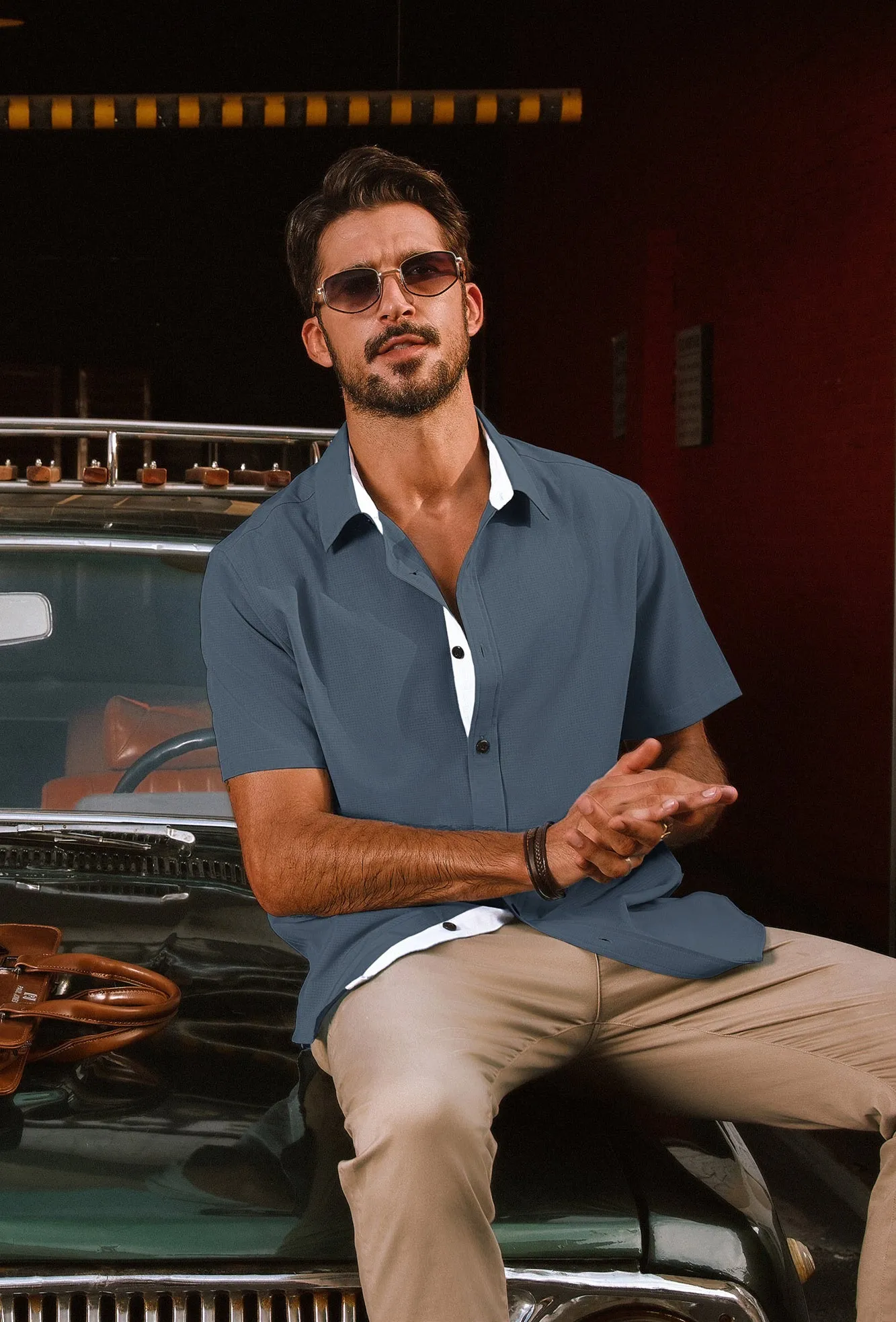 Men Basic Shirt Casual Short Sleeve Classic Collar Curved Hem Shirt Tops