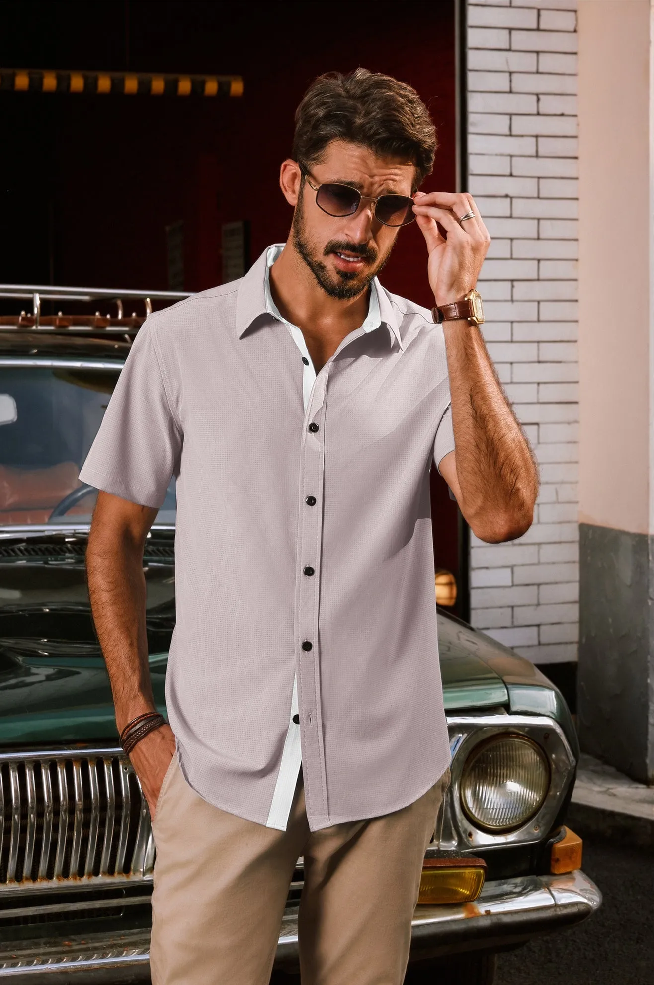 Men Basic Shirt Casual Short Sleeve Classic Collar Curved Hem Shirt Tops