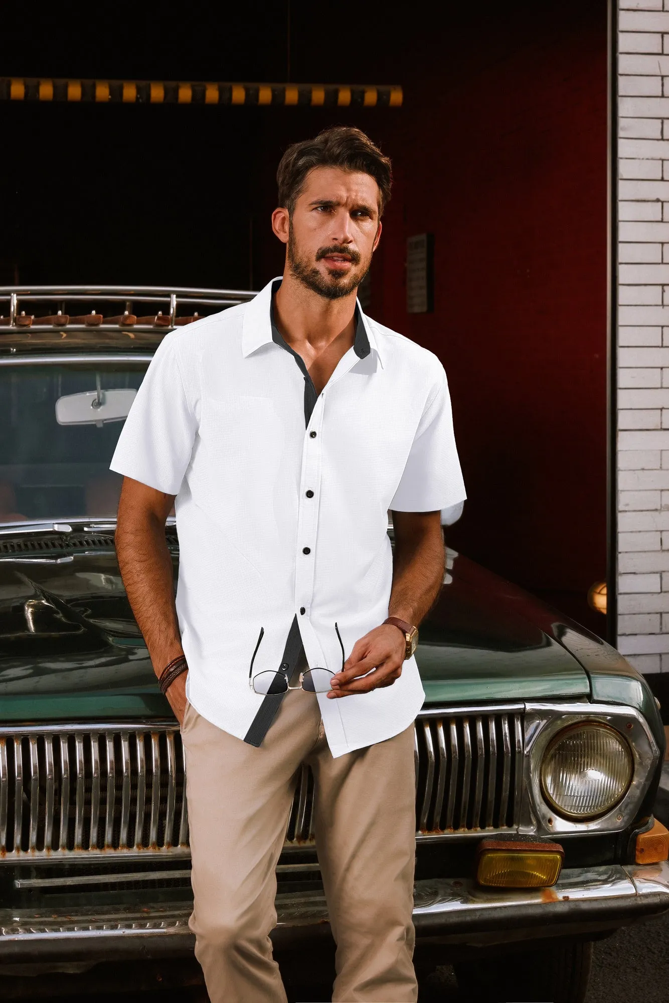Men Basic Shirt Casual Short Sleeve Classic Collar Curved Hem Shirt Tops