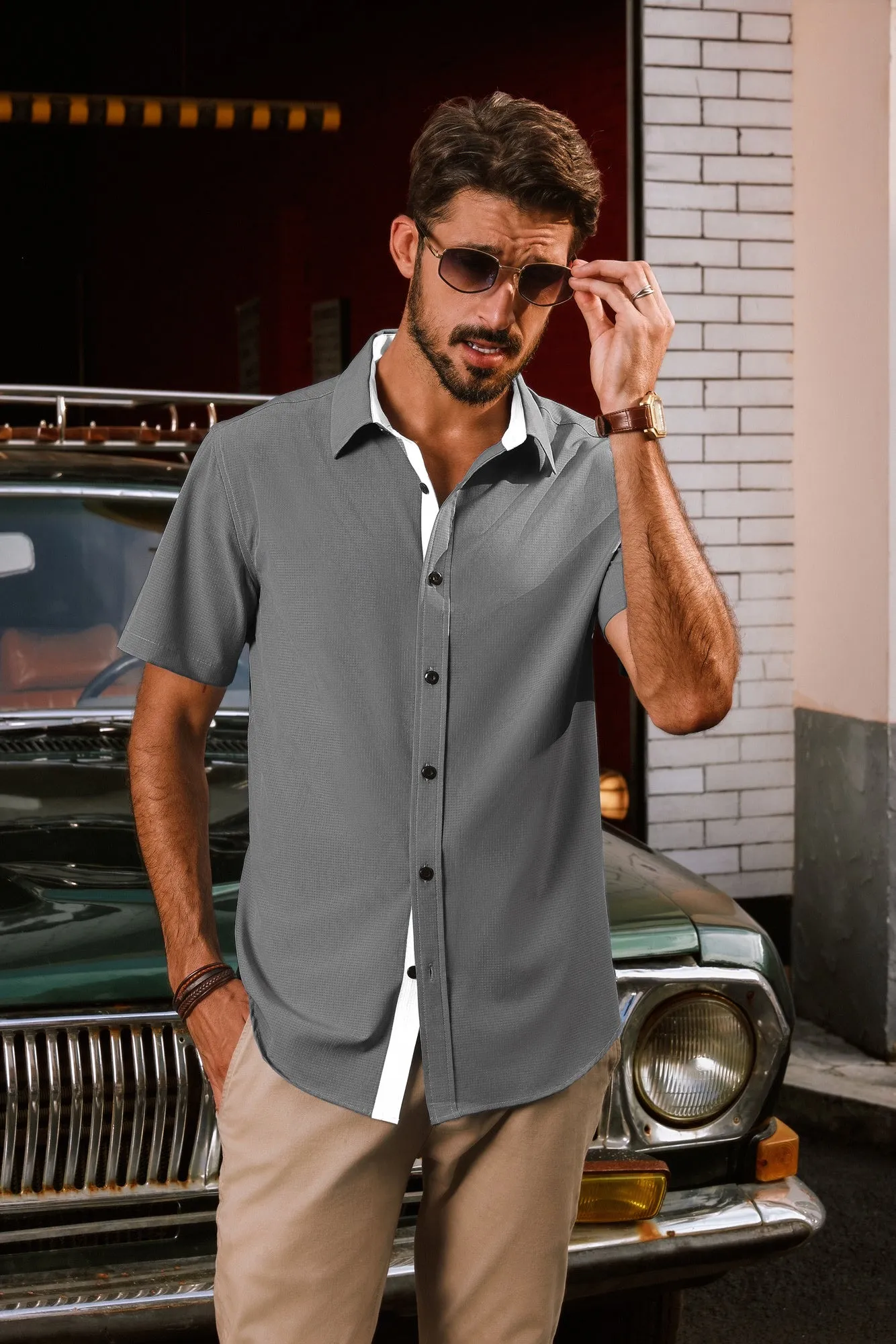 Men Basic Shirt Casual Short Sleeve Classic Collar Curved Hem Shirt Tops