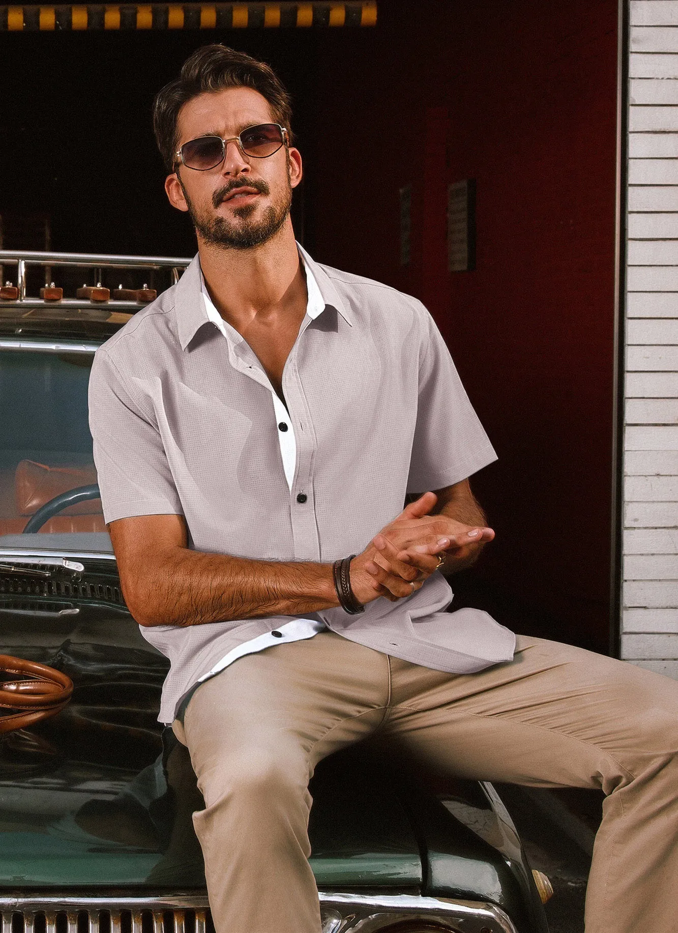 Men Basic Shirt Casual Short Sleeve Classic Collar Curved Hem Shirt Tops