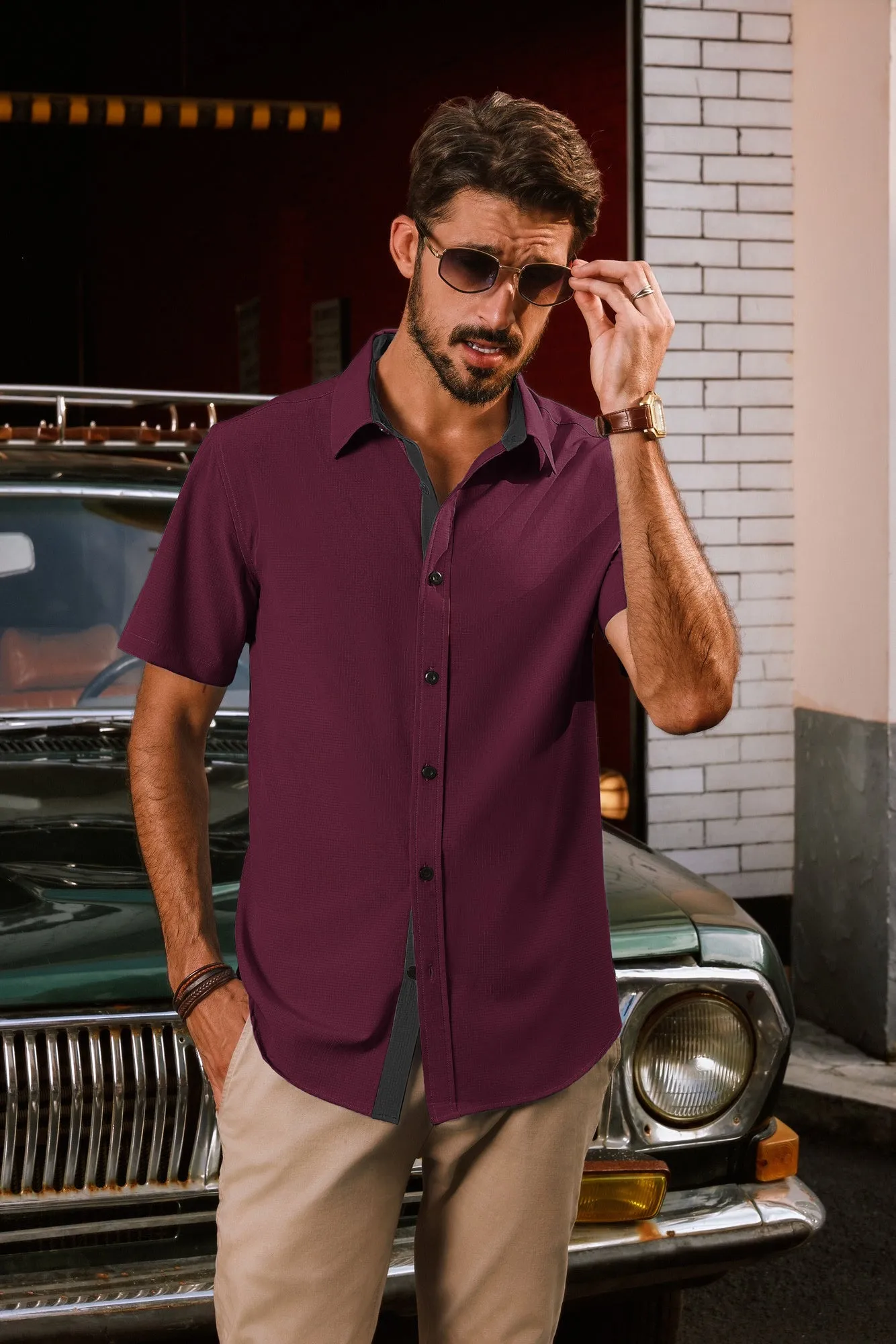 Men Basic Shirt Casual Short Sleeve Classic Collar Curved Hem Shirt Tops