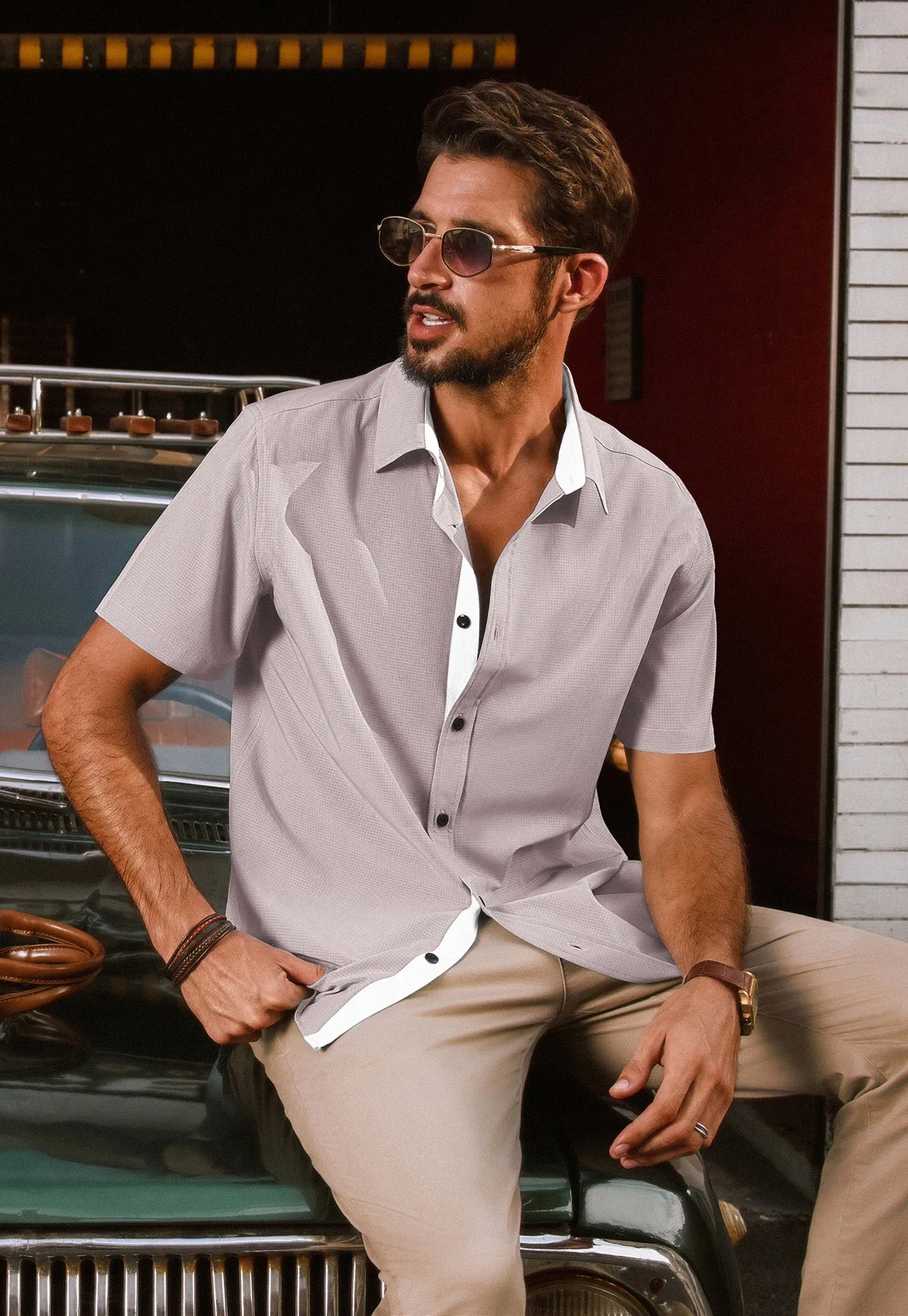 Men Basic Shirt Casual Short Sleeve Classic Collar Curved Hem Shirt Tops