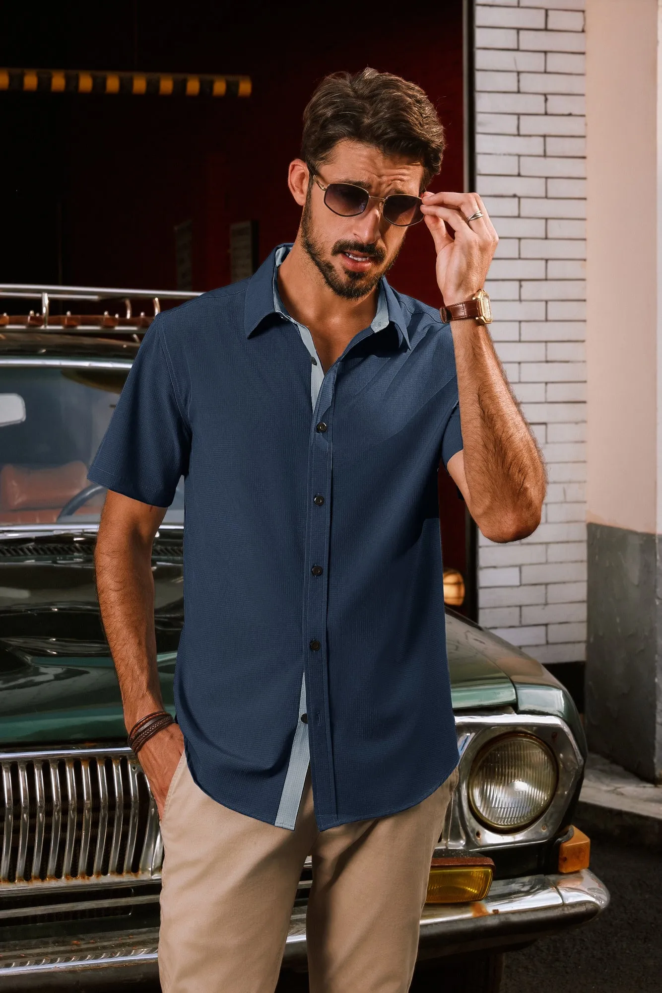Men Basic Shirt Casual Short Sleeve Classic Collar Curved Hem Shirt Tops