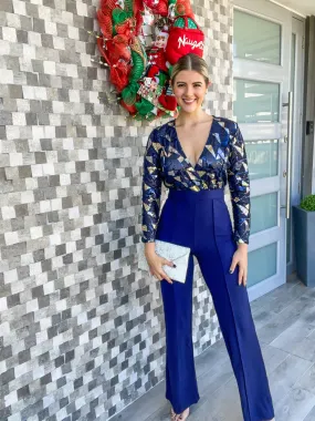NAVY SEQUIN DETAIL JUMPSUIT