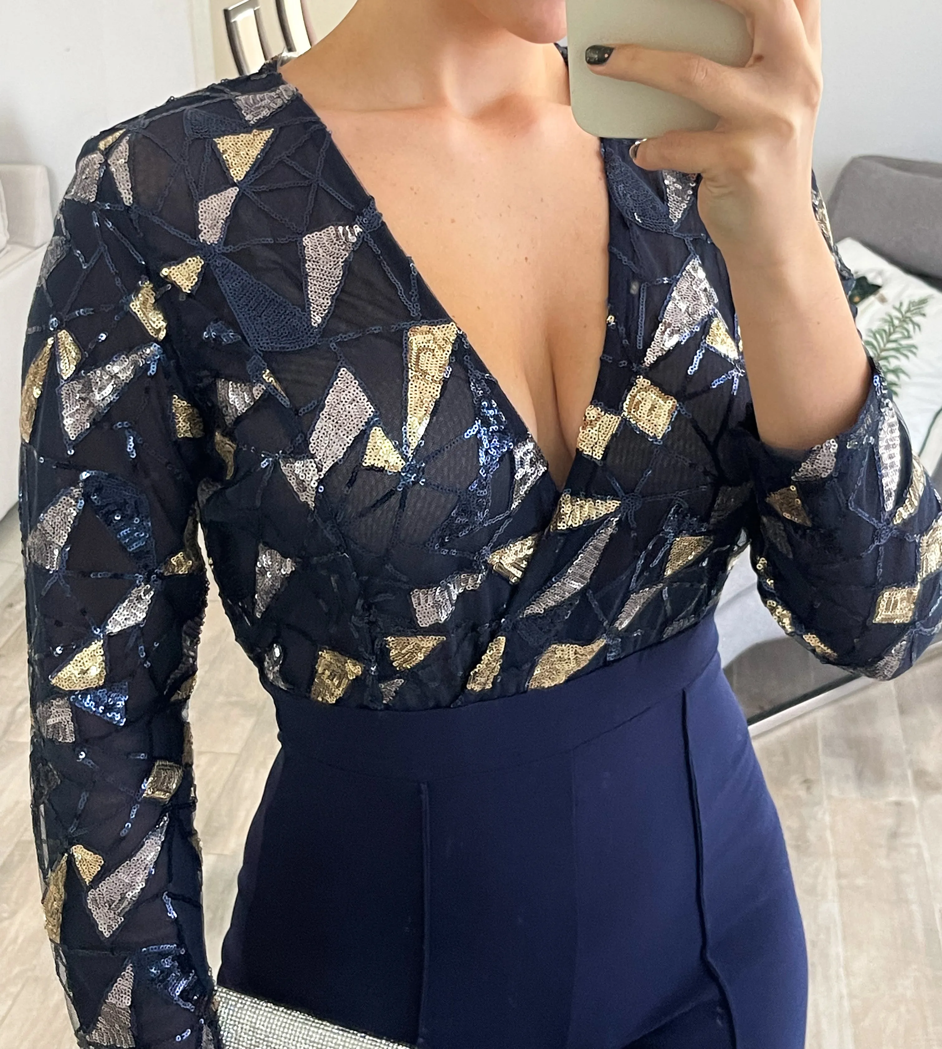 NAVY SEQUIN DETAIL JUMPSUIT