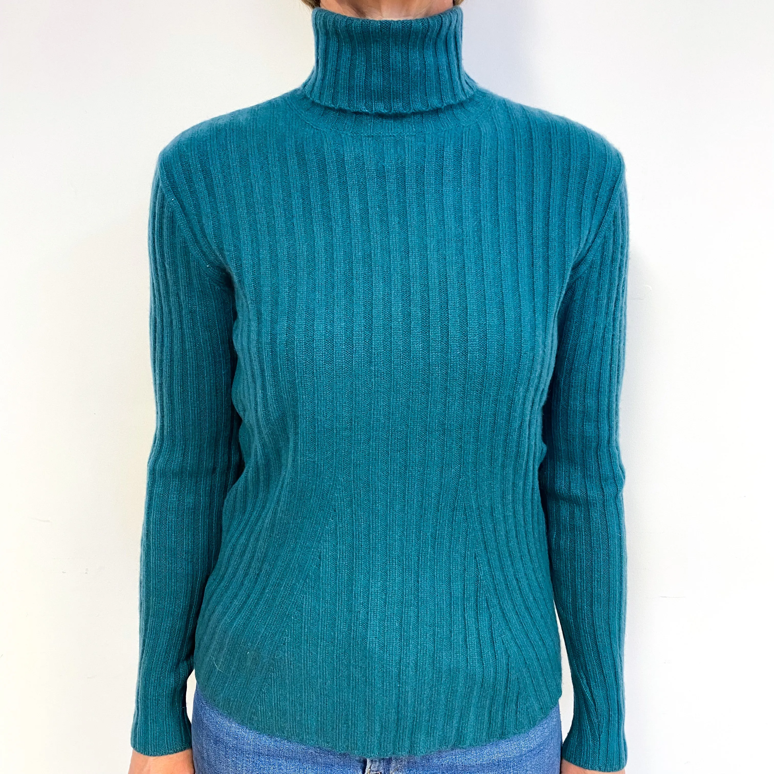 Ocean Green Ribbed Cashmere Polo Neck Jumper Medium