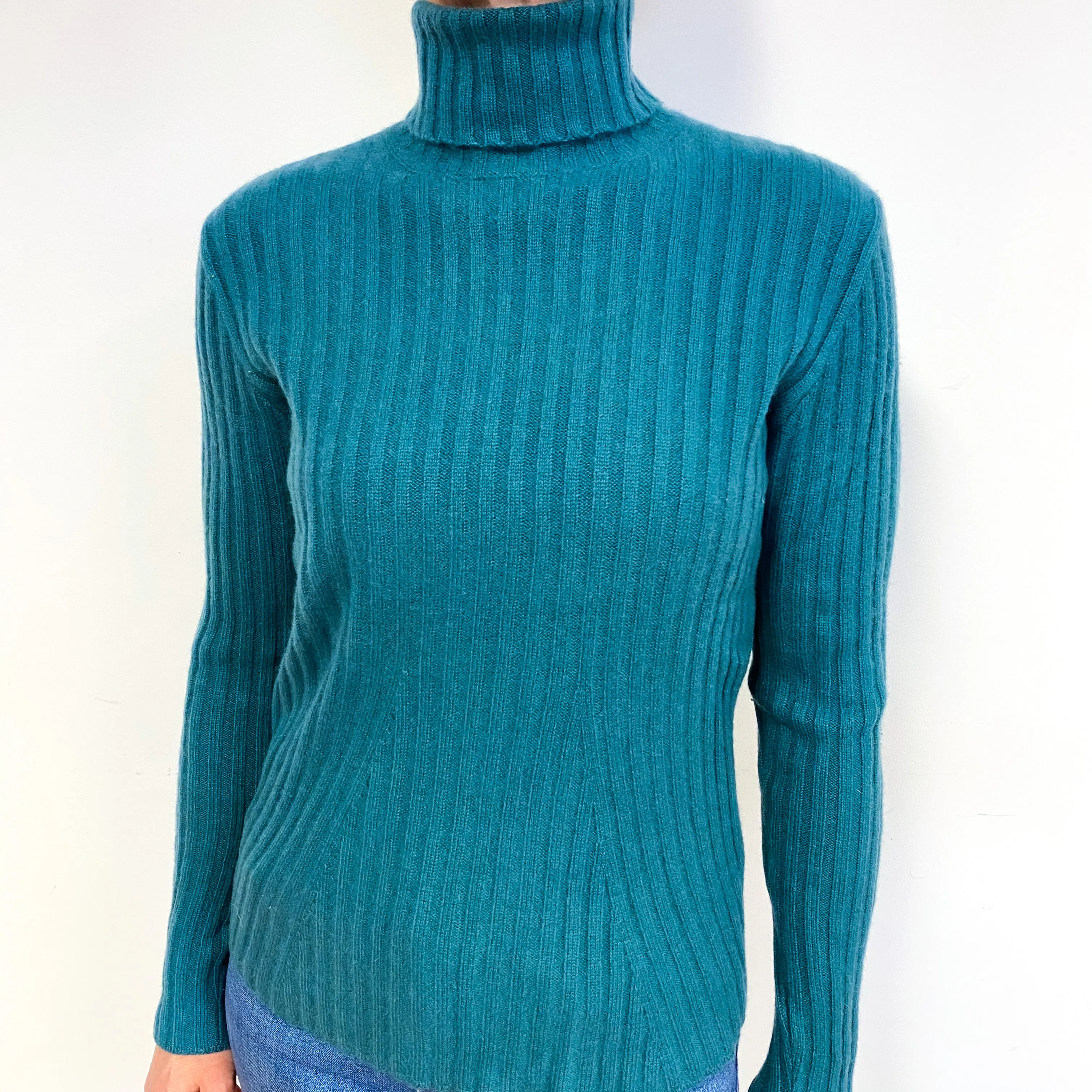 Ocean Green Ribbed Cashmere Polo Neck Jumper Medium