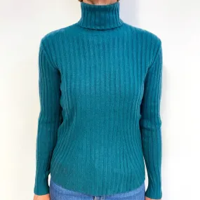 Ocean Green Ribbed Cashmere Polo Neck Jumper Medium