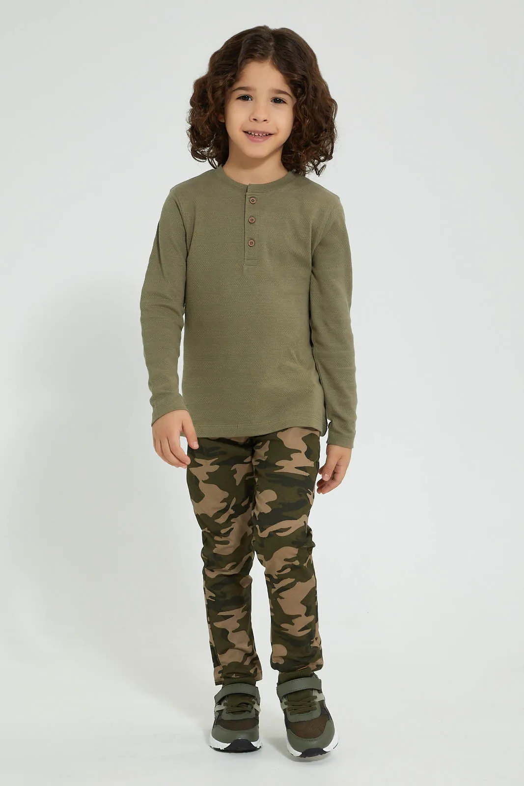 Olive Long Sleeved Henley T-Shirt