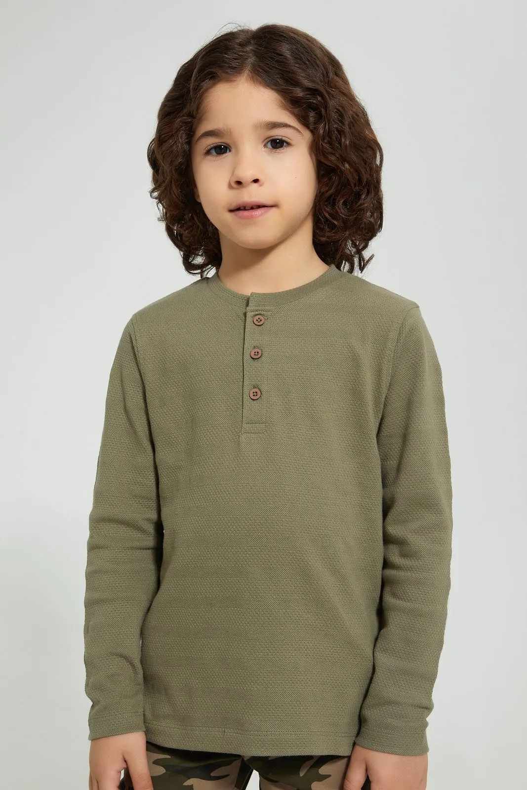 Olive Long Sleeved Henley T-Shirt